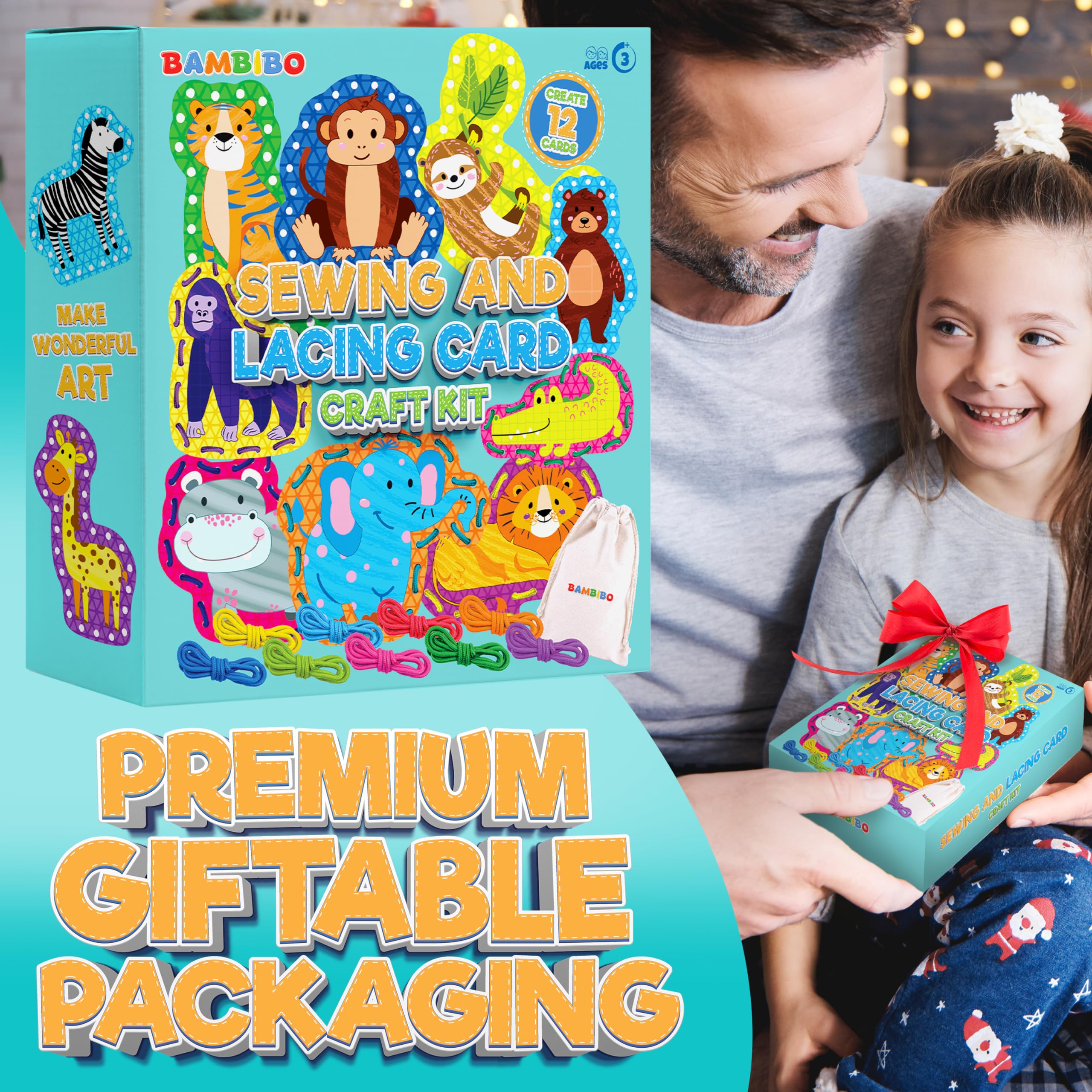 Bambibo Lacing Cards for Toddlers - 12 Double Sided Animal Sewing Cards with Names & Features | DIY Threading Activity for Kids Ages 3-8 | Fine Motor Skills Toys for Preschool Learning & Travel Entertainment