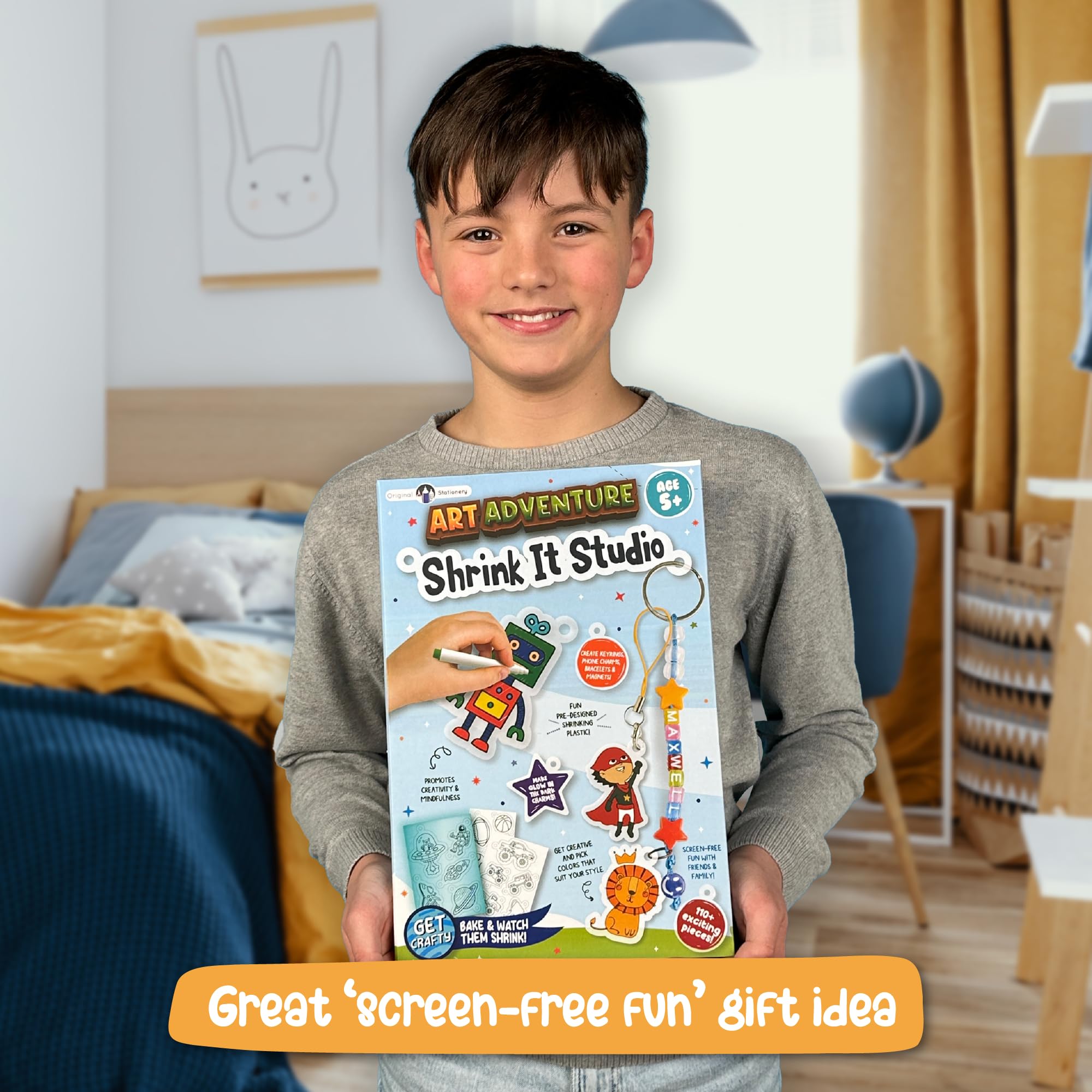 Original Stationery Art Adventure Shrink It Studio - DIY Keychain Maker Kit with 110+ Pieces for Kids & Boys to Create Custom Charms | Fun Shrink Art Craft Set for Birthday Gifts, Party Favors & Creative Playtime