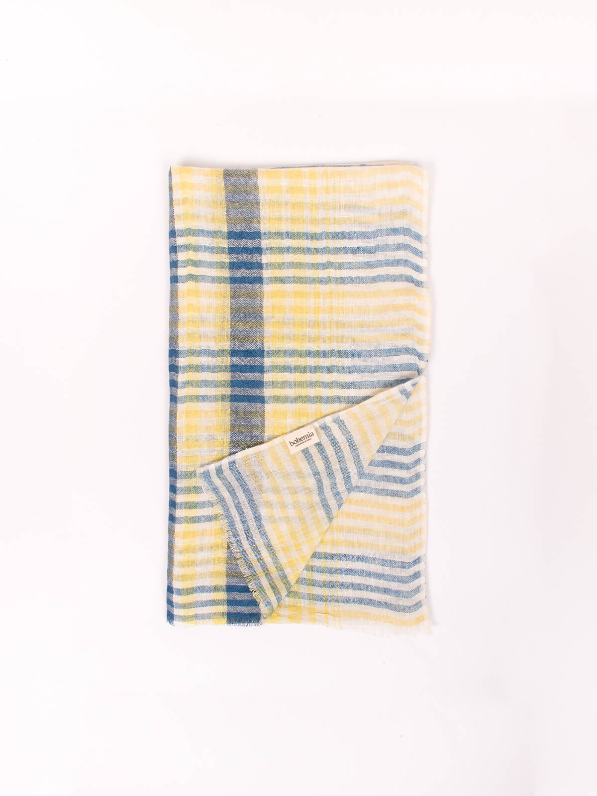 Stylish Linen Scarf - Indigo & Lemon Check Pattern - Perfect for Spring Outfits, Travel Accessories, and Casual Fashion