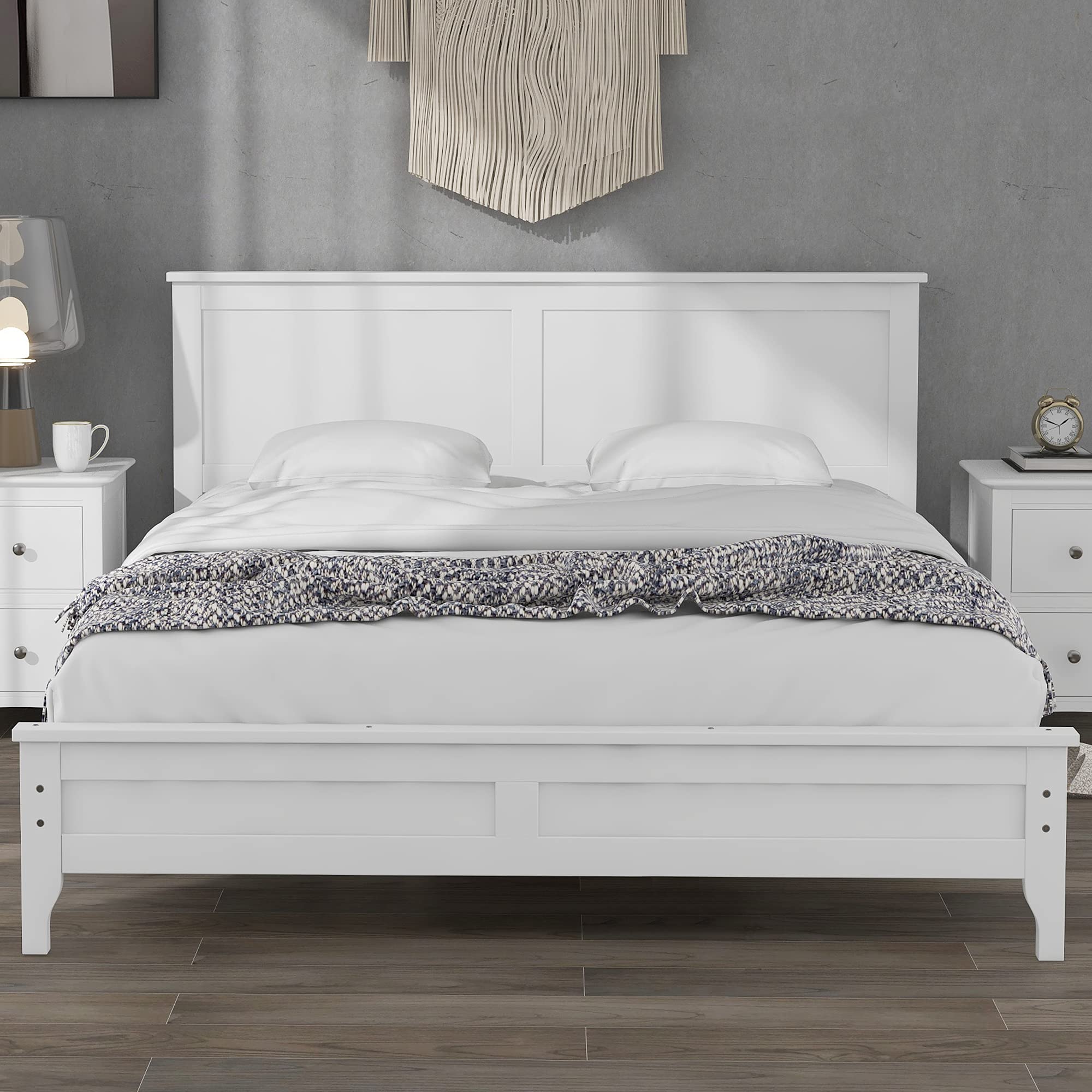 Queen Size Wooden Bed Frame with Headboard & Footboard - Sturdy Platform Bed with Wooden Slat Support, No Box Spring Needed (White) - Perfect for Kids' Rooms, Guest Bedrooms & Modern Home Decor