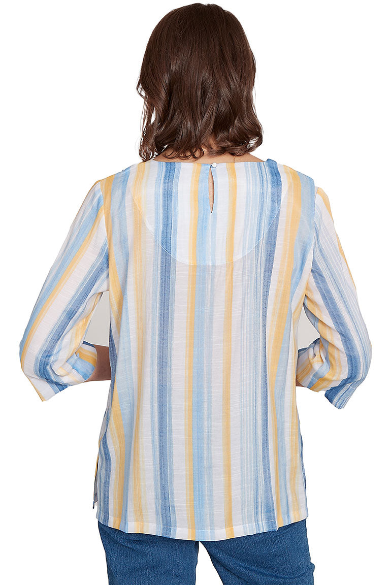 Stylish Petite Flower Power Striped Lace Neck Blouse for Women | Elegant Summer Top for Office, Date Night & Casual Outings