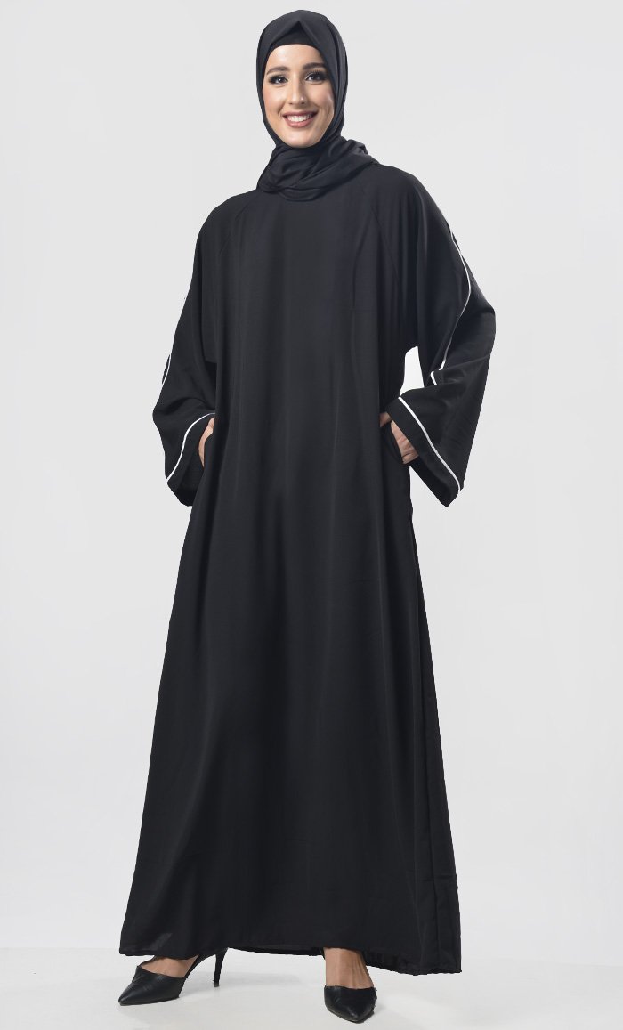 Elegant Black Abaya with Contrast Color Piping - Modest Islamic Dress for Women - Perfect for Prayer, Mosque, and Special Occasions