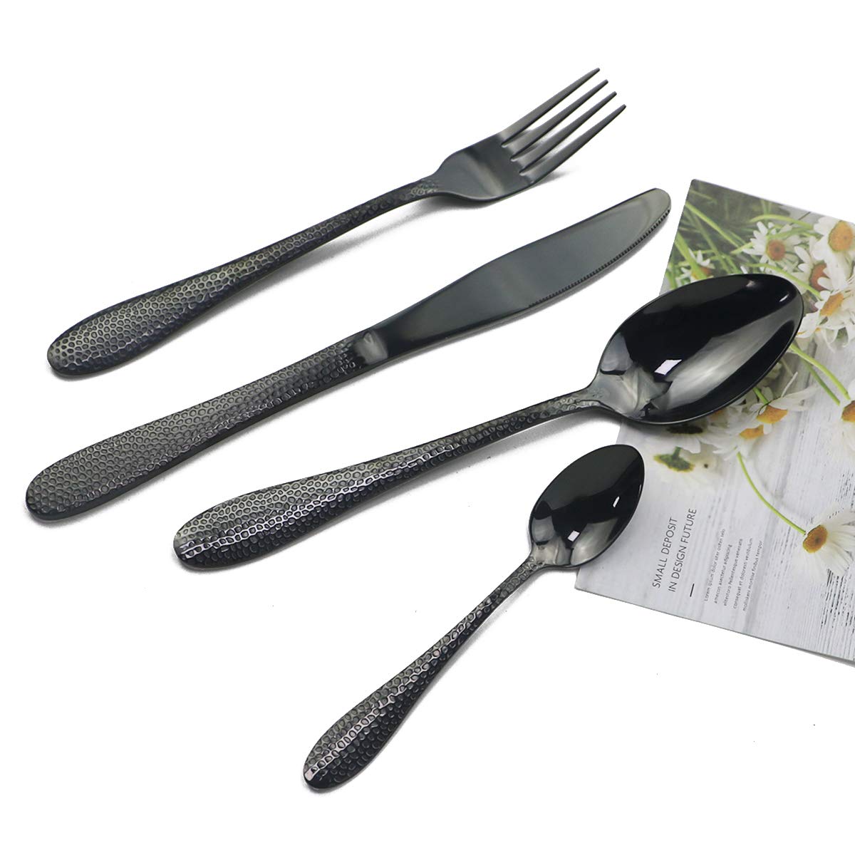 Premium 24-Piece Black Hammered Mirror Polished Flatware Set - Stainless Steel Silverware Cutlery Set for 6, Elegant Dining Utensils for Home Kitchen, Wedding Registry & Housewarming Gifts (Shiny Black) - Perfect for Formal Dinners, Holiday Entertaining & Special Occasions