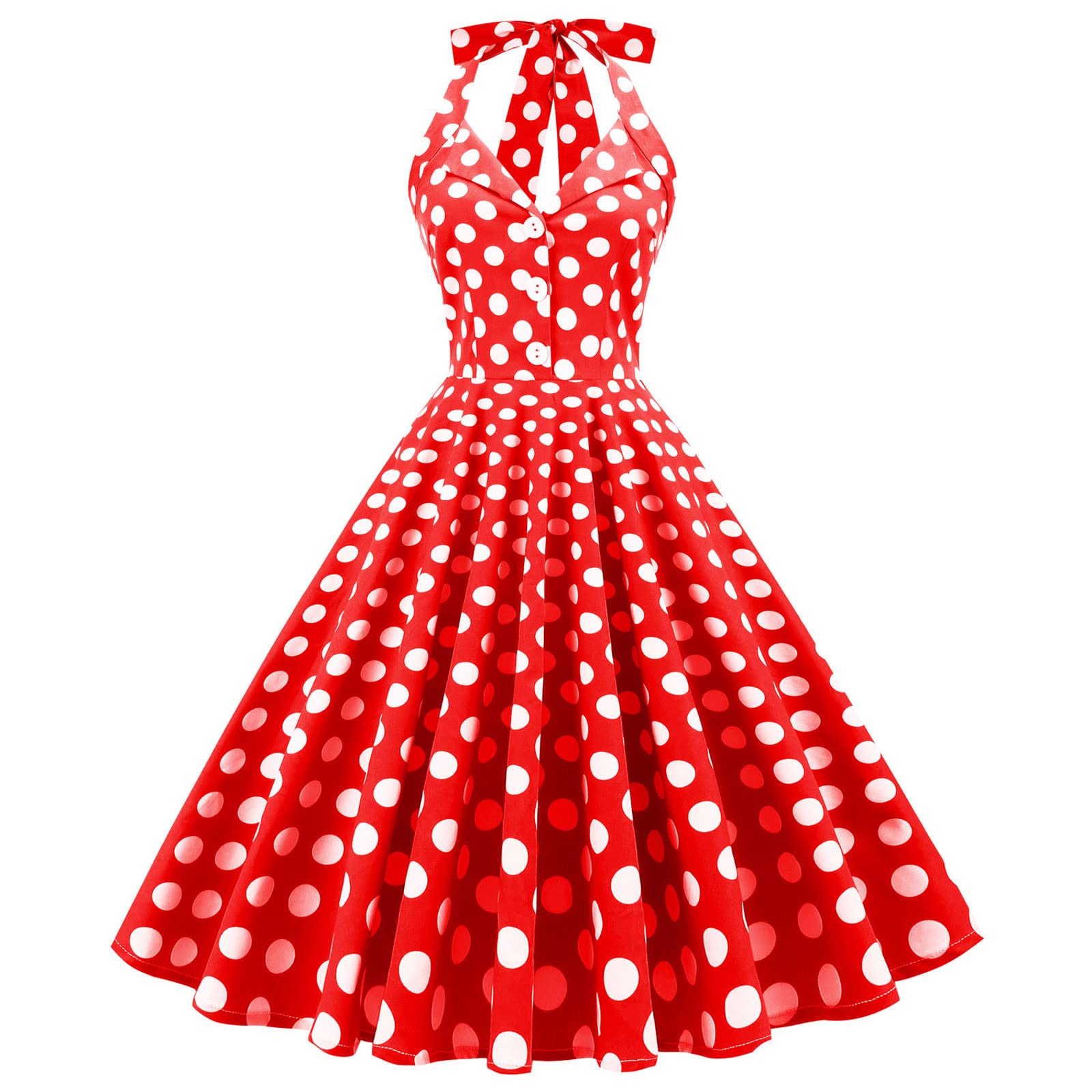 Women's Summer Casual Sexy Polka Dot Printed Midi Dress with Lace-up Collar & Halter Neck - Perfect for Beach Vacations, Date Nights and Summer Parties