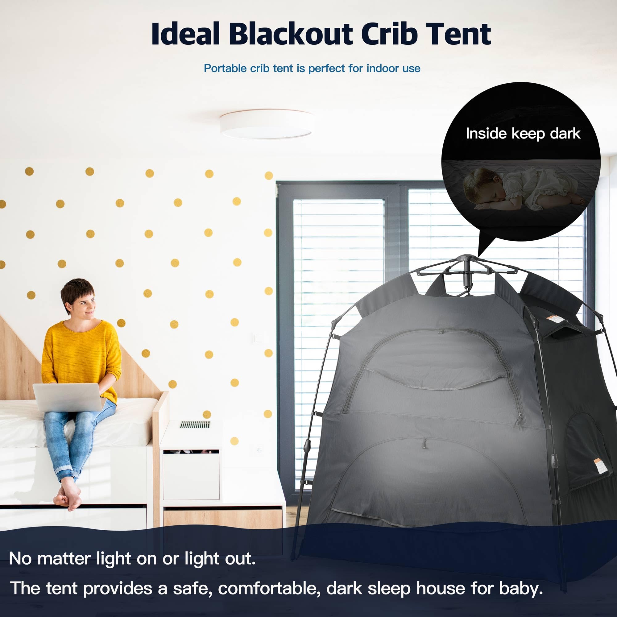 Porayhut Baby Blackout Sleep Tent - 95% Light Blocking Travel Crib Cover for Pack and Play, Portable Sleeping Pod with Breathable Mesh Windows, Monitor & Fan Pockets - Perfect for Toddlers, Kids, Travel, Camping & Nursery Use