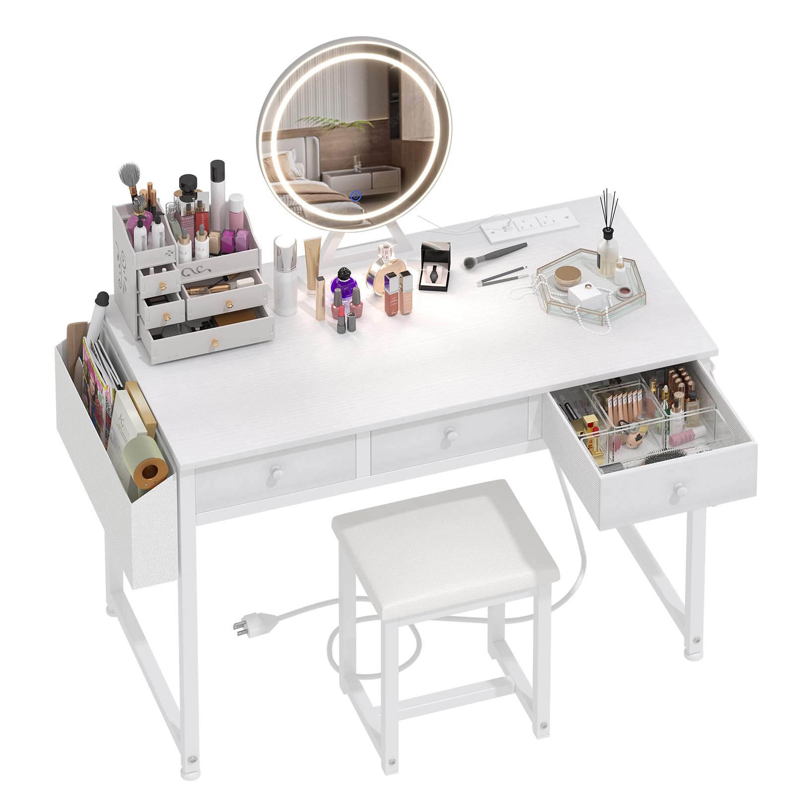 Lufeiya 40 Inch White Makeup Vanity Desk Set with LED Lights, Mirror & Fabric Drawers - Dressing Table with Power Outlet & Matching Chair - Perfect for Girls Bedroom, Home Beauty Station & Salon Makeup Area