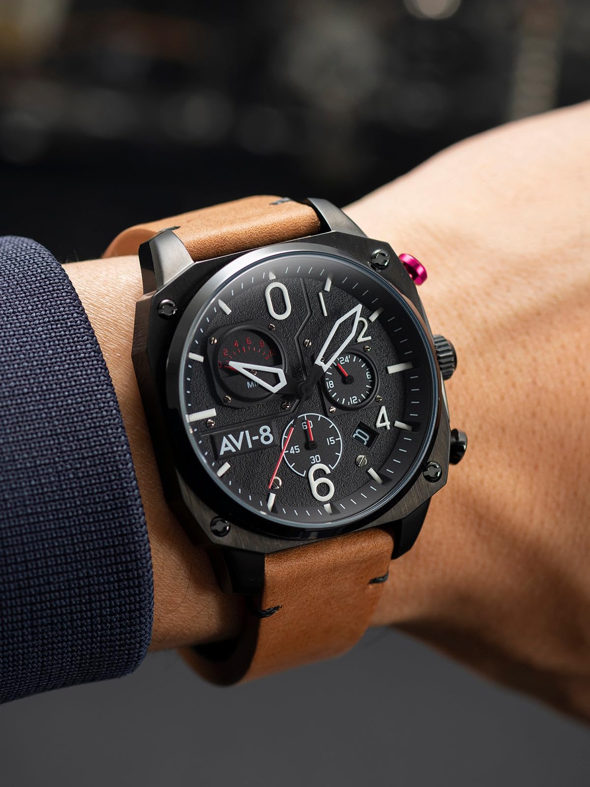 AVI-8 Men's 45mm Hawker Hunter Retrograde Chronograph Pilot Watch - Japanese Quartz Movement, Leather/Rubber/Stainless Steel Strap AV-4052 | Stylish Aviation Timepiece for Business, Casual & Outdoor Adventures