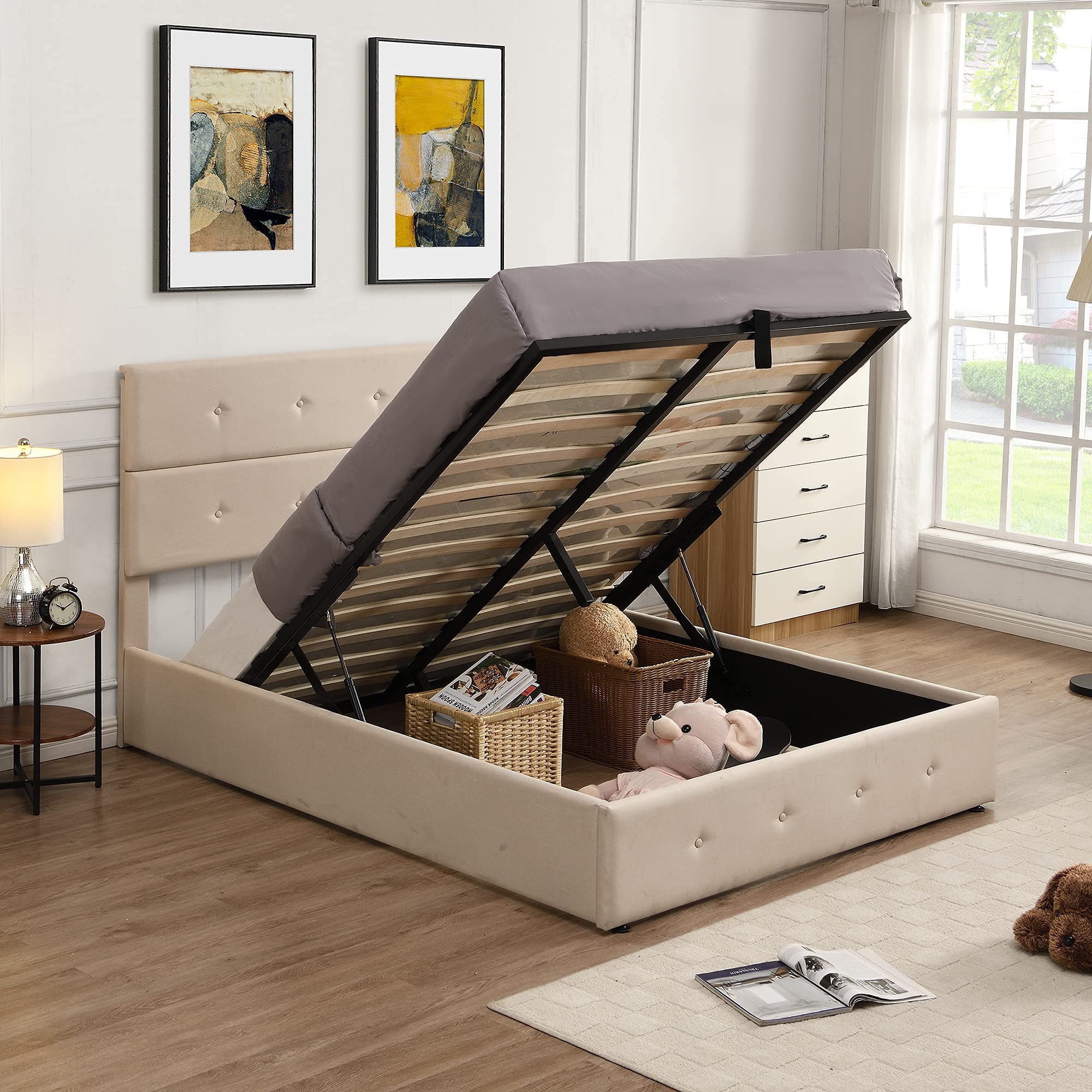 P PURLOVE Full Upholstered Platform Bed with Tufted Headboard & Hydraulic Storage System - Full Size Lift Storage Bed Frame with Underneath Storage (Beige) - Perfect for Small Bedrooms, Guest Rooms & Modern Apartments