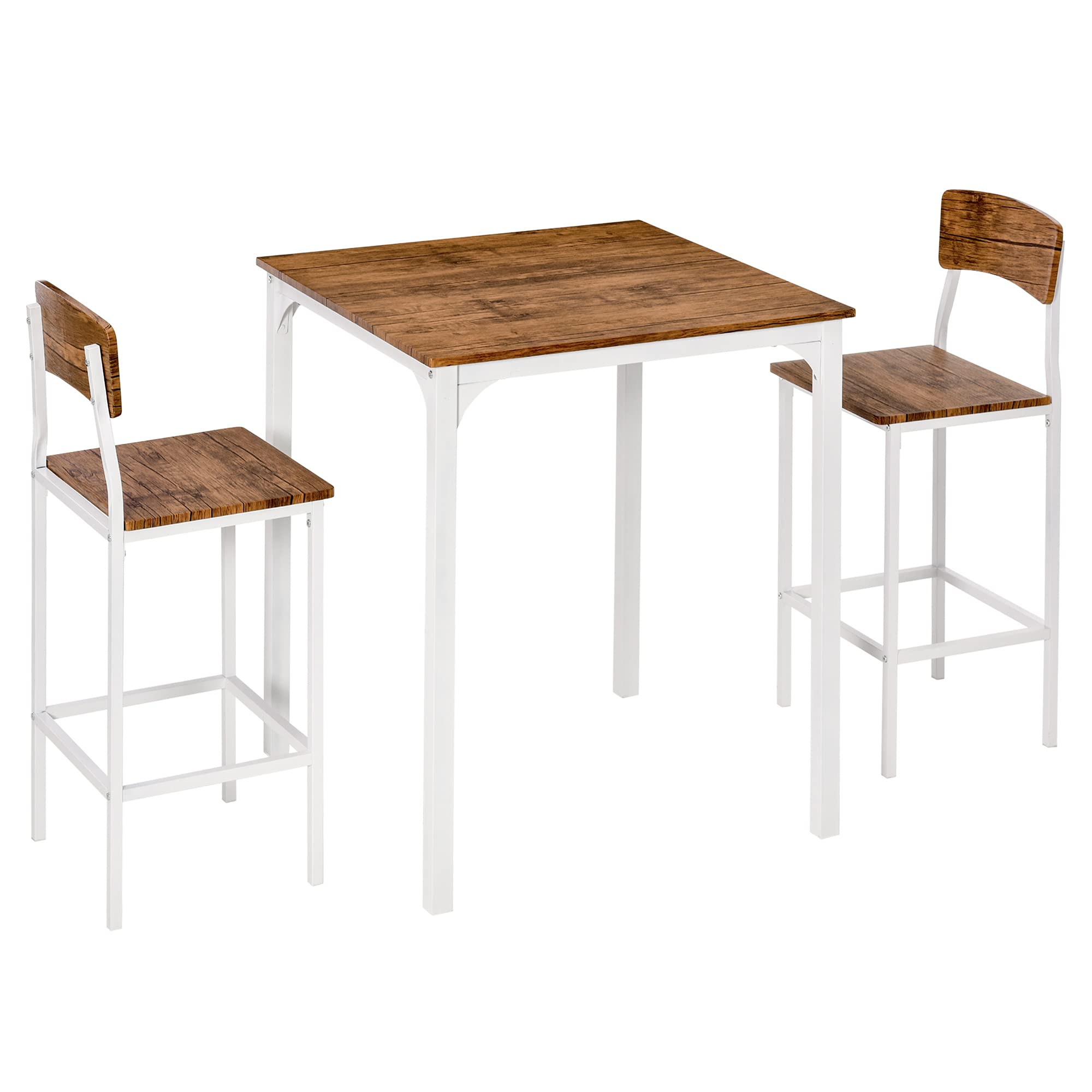 HOMCOM 3-Piece Counter Height Bar Table and Chairs Set, Industrial Style Small Dining Table Set for 2, Square Kitchen Table with Stools, Steel Frame in Walnut & White - Perfect for Small Spaces, Breakfast Nooks, and Modern Apartments