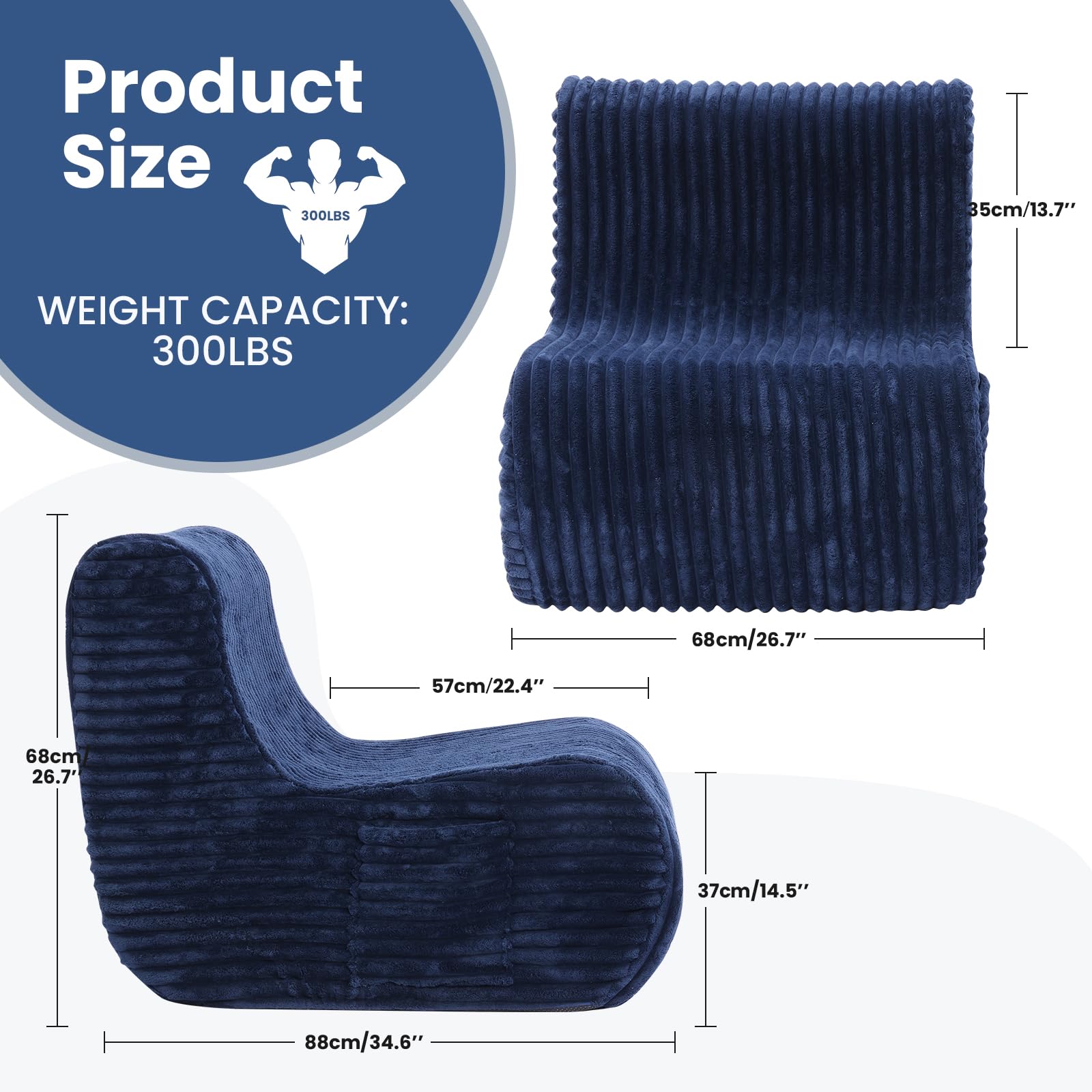 Big Bean Bag Chair with Ottoman - Soft Foam Filled Lazy Sofa for Adults with Back Support, High-Resilient Comfort for Living Room, Bedroom & Apartment (Navy Blue) - Perfect for Relaxing, Gaming & Movie Nights