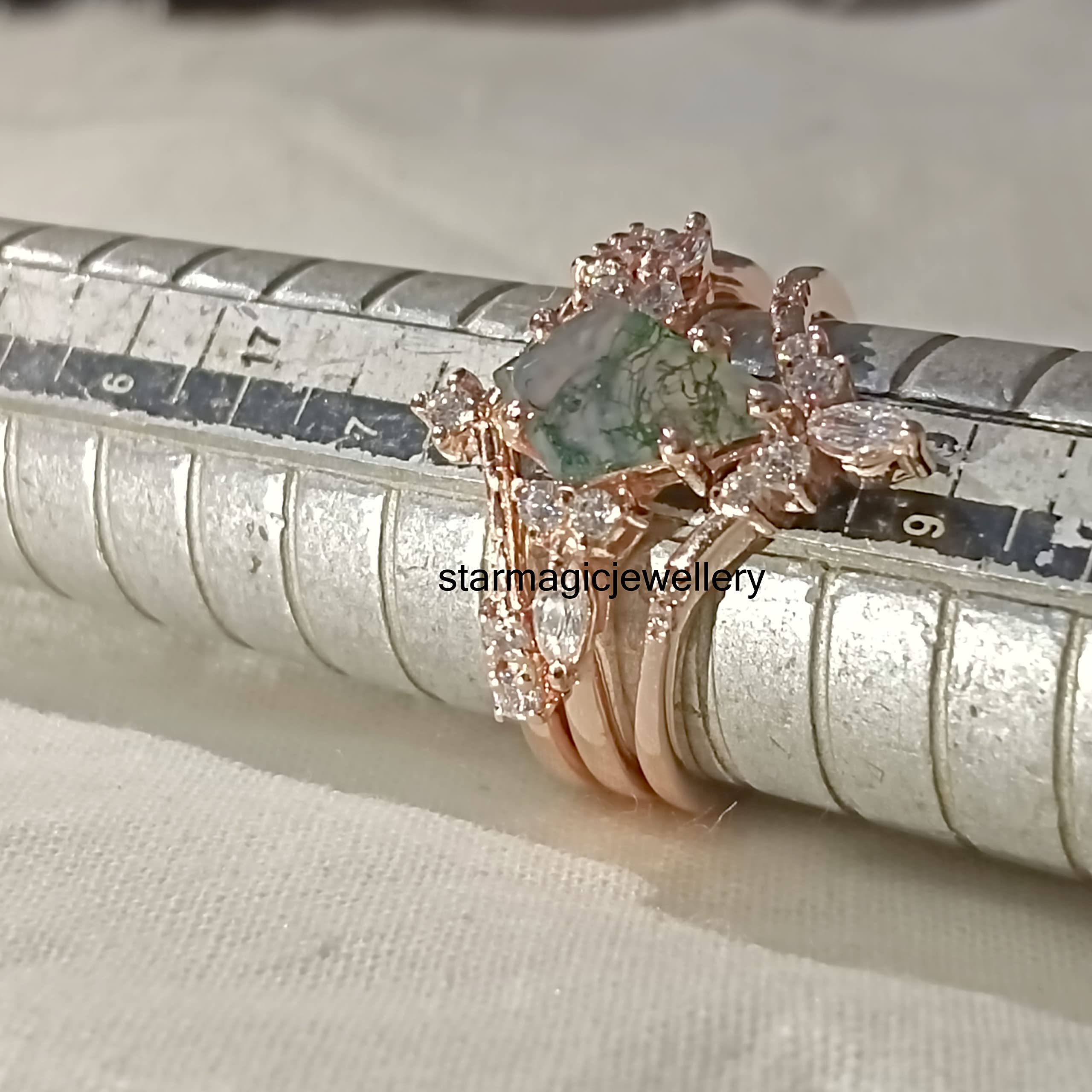 925 Sterling Silver Rose Gold Moss Agate Engagement Ring Set for Women - 3 Piece Bridal Ring Set, Art Deco Anniversary Jewelry - Perfect for Weddings, Proposals & Special Occasions