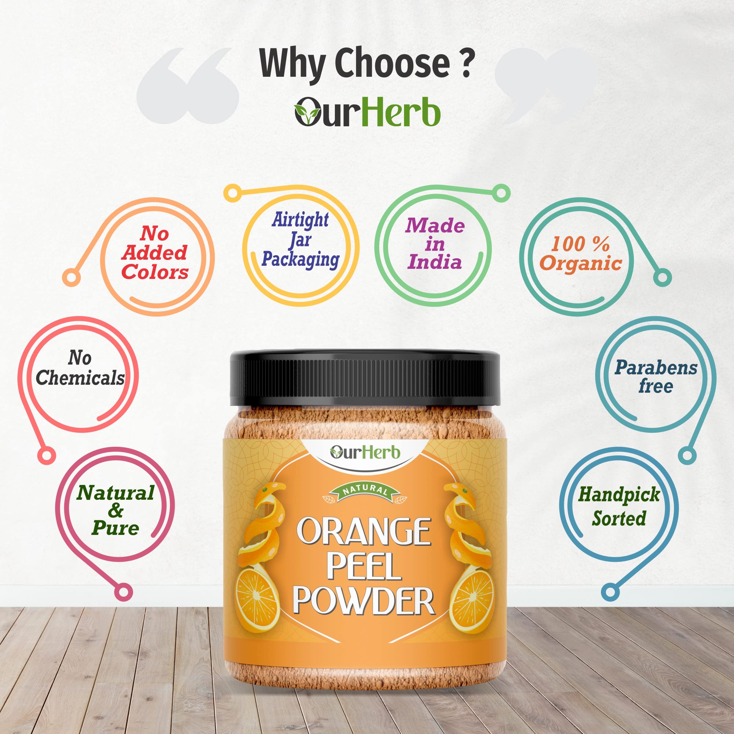OurHerb® Pure & Natural Orange Peel Powder with Vitamin C & Antioxidants for Face Pack - Cruelty-Free, Vegan Skincare Formula (200g | 7 Oz) with Wooden Spoon - Brightening & Exfoliating for Glowing Skin