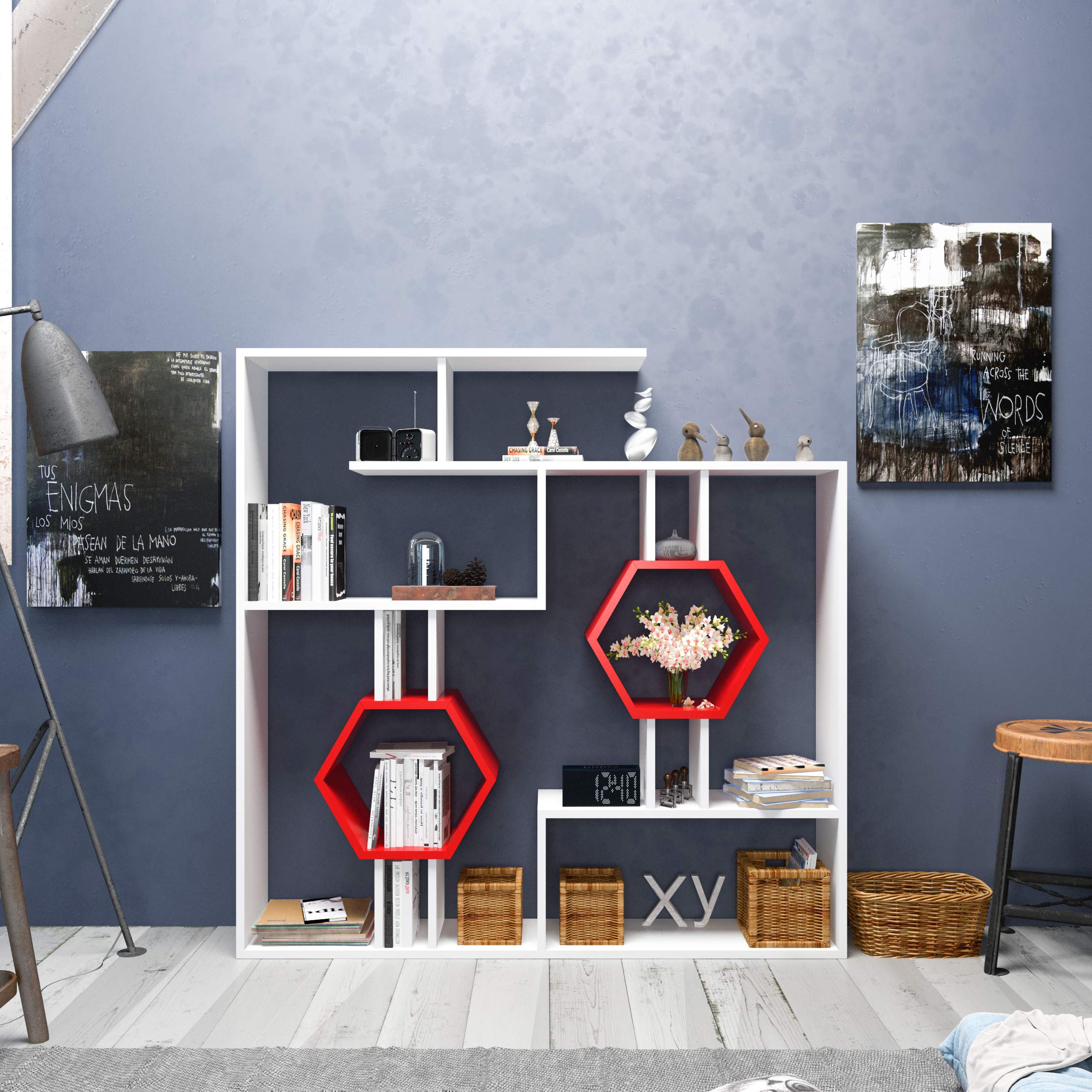 Decorotika Tamara Geometric Bookcase - Modern White & Red Cubic Bookshelf with Storage | Perfect for Living Room, Bedroom & Office Organization