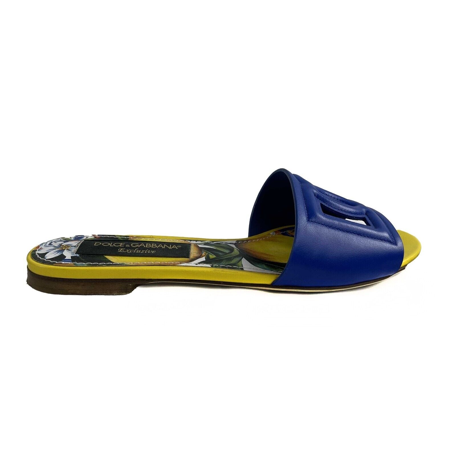 Dolce & Gabbana Women's DG Logo Slides Sandals - Blue & Yellow Leather Comfortable Slides Size US 6.5 (EU 36.5) | Summer Beachwear, Poolside Luxury, Casual Outing Fashion Footwear