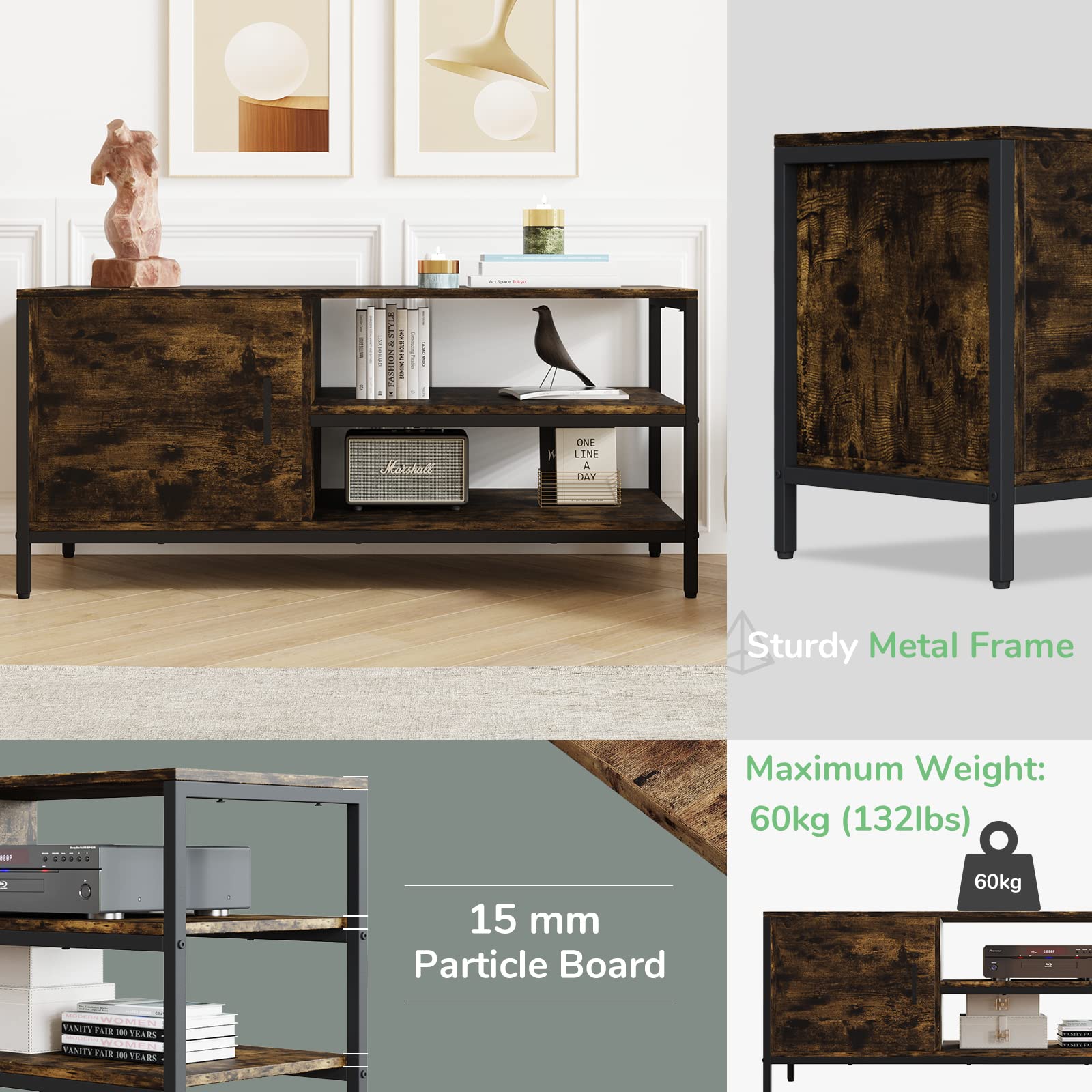 Novilla Retro Farmhouse TV Stand for TVs up to 50 Inches - Rustic Brown Entertainment Center for Flat & Curved Screens - Perfect for Living Room, Bedroom or Home Theater Setup