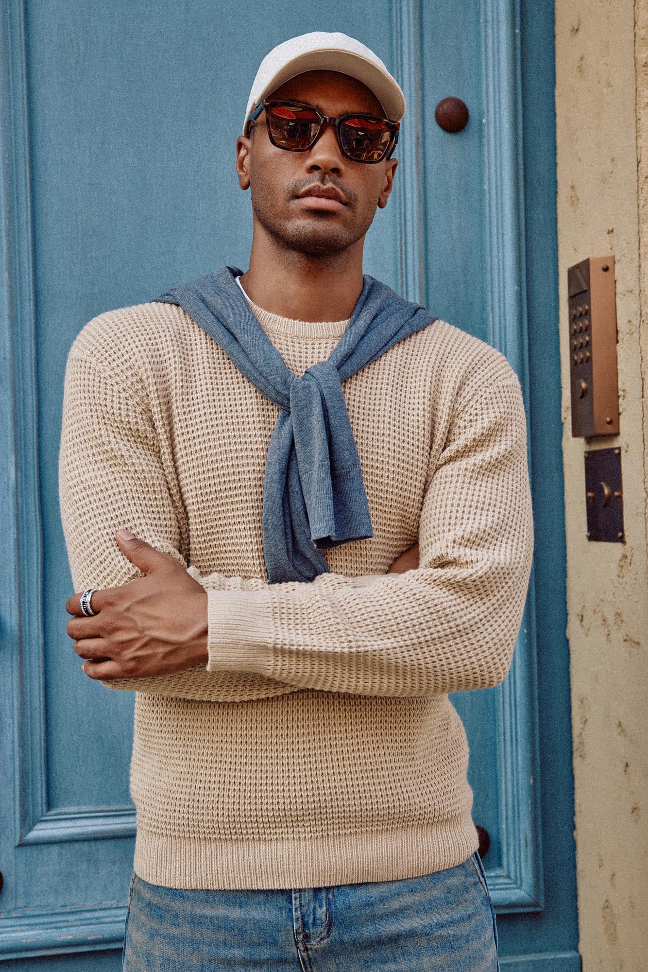 PJ PAUL JONES Men's Waffle Knit Crewneck Sweater - Long Sleeve Textured Pullover for Casual Wear, Office & Fall Outfits