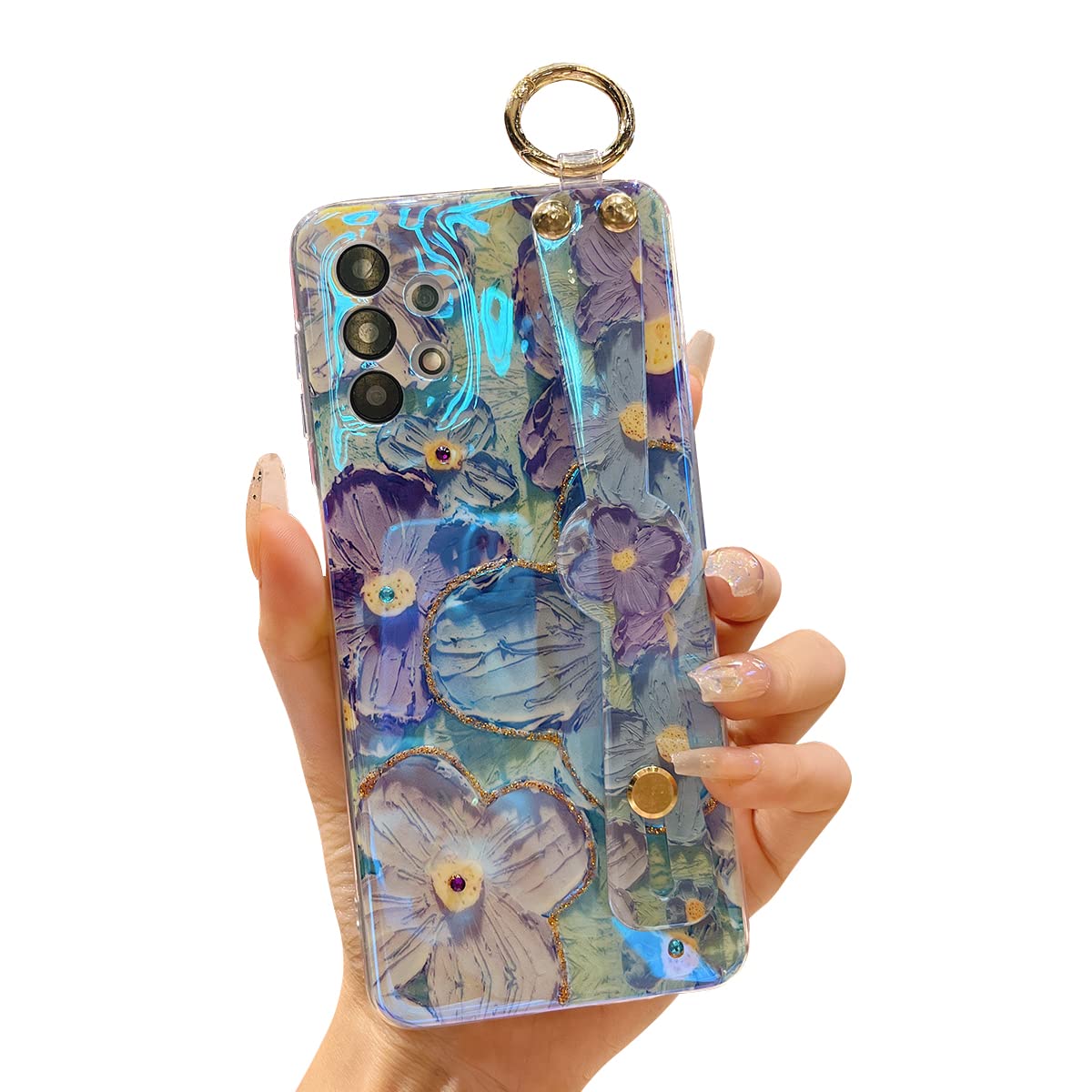 Cute Glitter Bling Cartoon Taro Flower Samsung Galaxy A52 5G Case with Wrist Strap & Kickstand - Shockproof Soft TPU Protective Phone Cover for Women & Girls - Perfect for Daily Use, Work & Travel