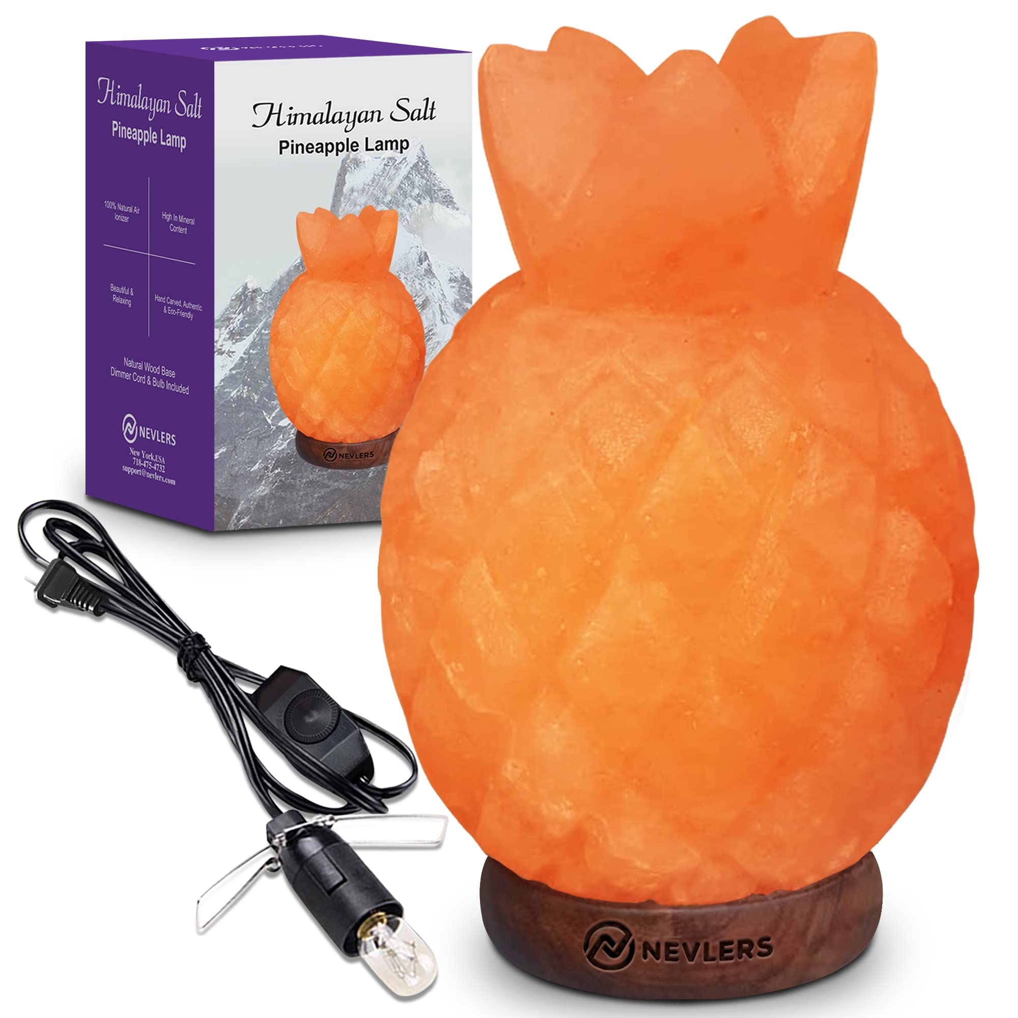 Pink Himalayan Salt Lamp in Pineapple Shape with Wood Base | 7-8 lbs Natural Salt Rock Lamp (7-8 Inches Tall) | Includes Dimmer Cord & Bulb | 100% Pure Himalayan Crystal Salt Lamp for Home, Office, Yoga & Meditation Room Decor | Creates Relaxing Ambiance for Stress Relief & Better Sleep