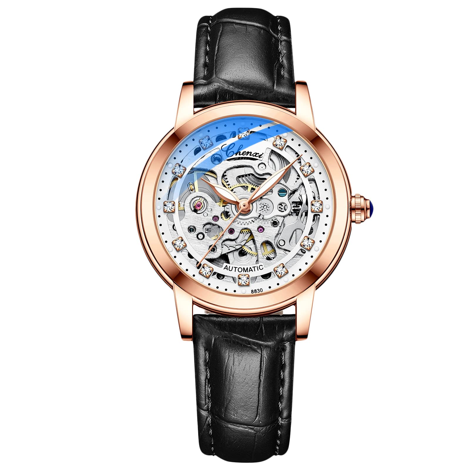 RORIOS Women's Automatic Self-Winding Mechanical Watch with Genuine Leather Strap, Tourbillon Design & Luminous Hands - Elegant Ladies Wristwatch for Business, Party & Everyday Wear