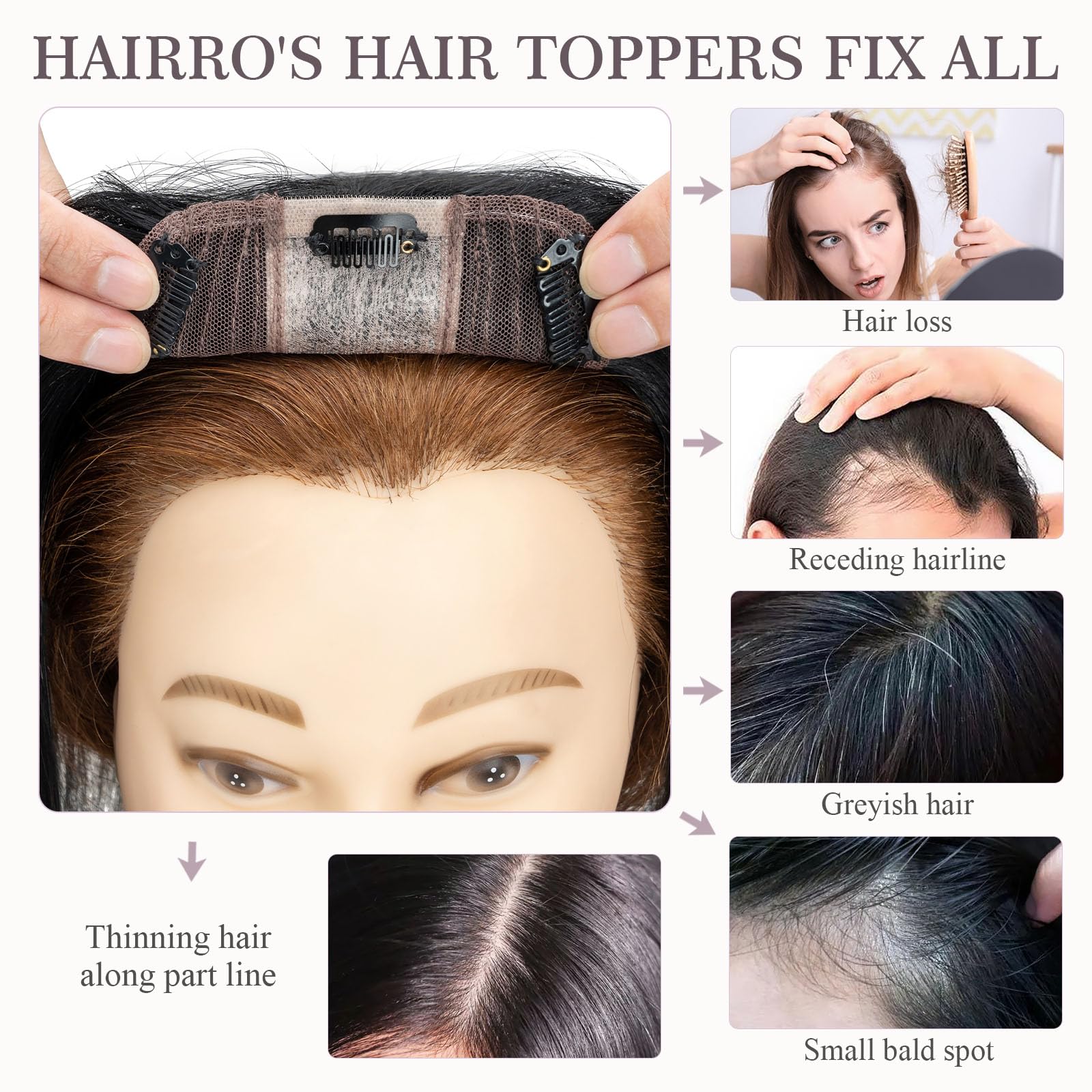 Hairro 100% Human Hair Topper for Women - 14 Inch Jet Black Clip-In Hairpiece with 4