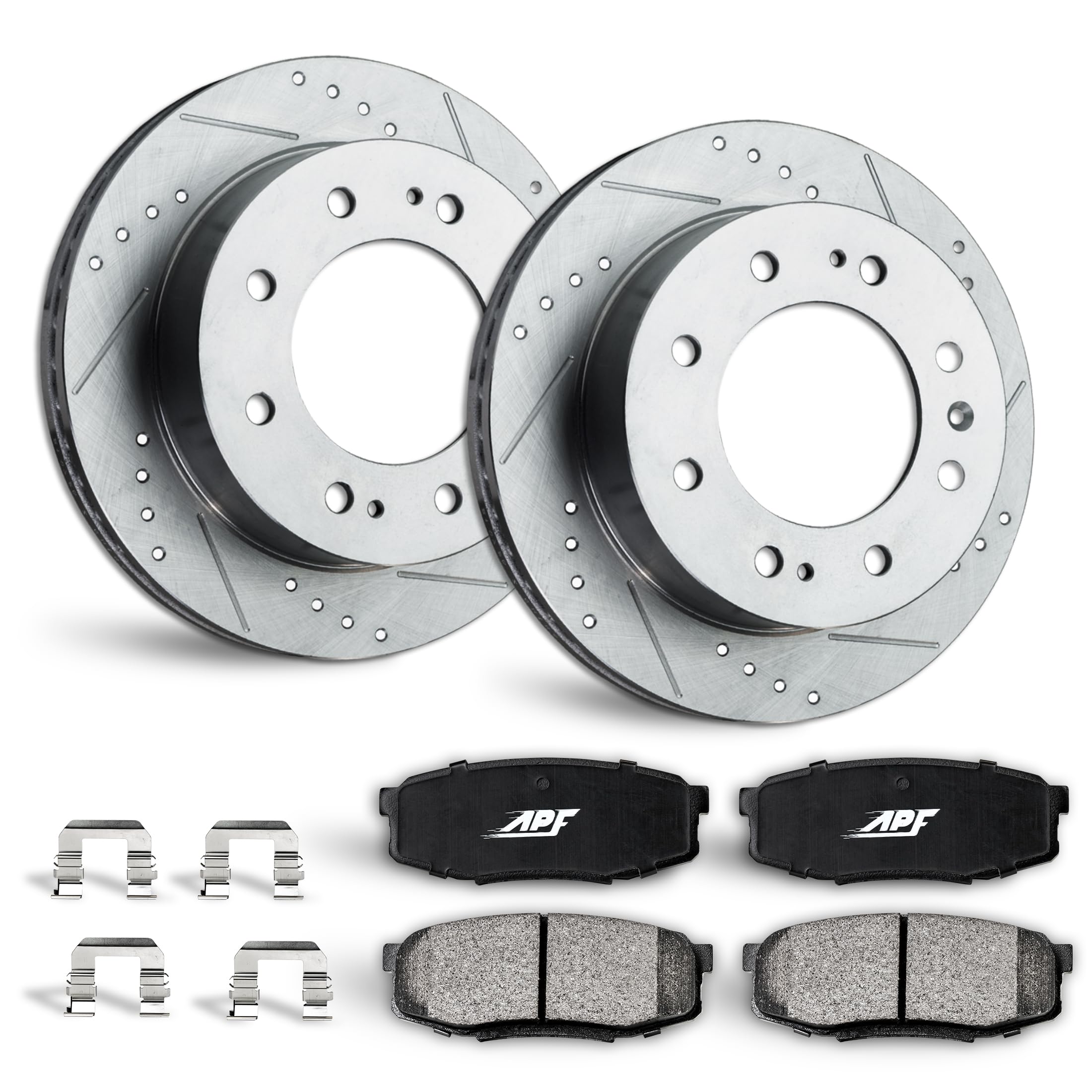 Rear Brake Kit for Ford F-350 Super Duty DRW 1999-2004 - Zinc Plated Drilled & Slotted Rotors with Carbon Fiber Pads | 8-Lug | 326mm (12.835