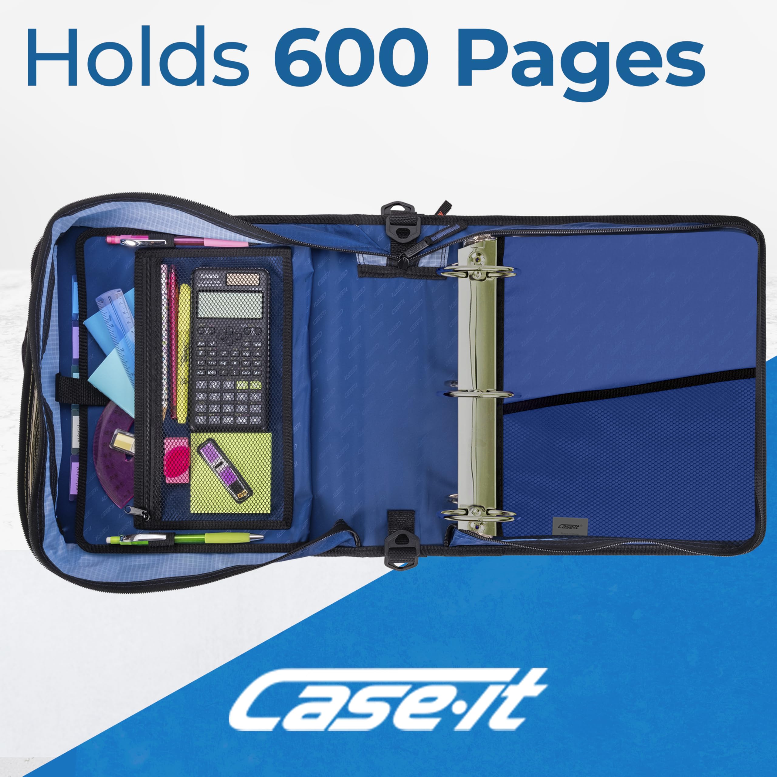 Case-it Mighty Zip Tab Zipper Binder - 3 Inch O-Ring with 5 Color Tabs, Expanding File Folder, Adjustable Shoulder Strap & Handle (D-146 Desert Night) - Perfect for School, Office & Travel Organization