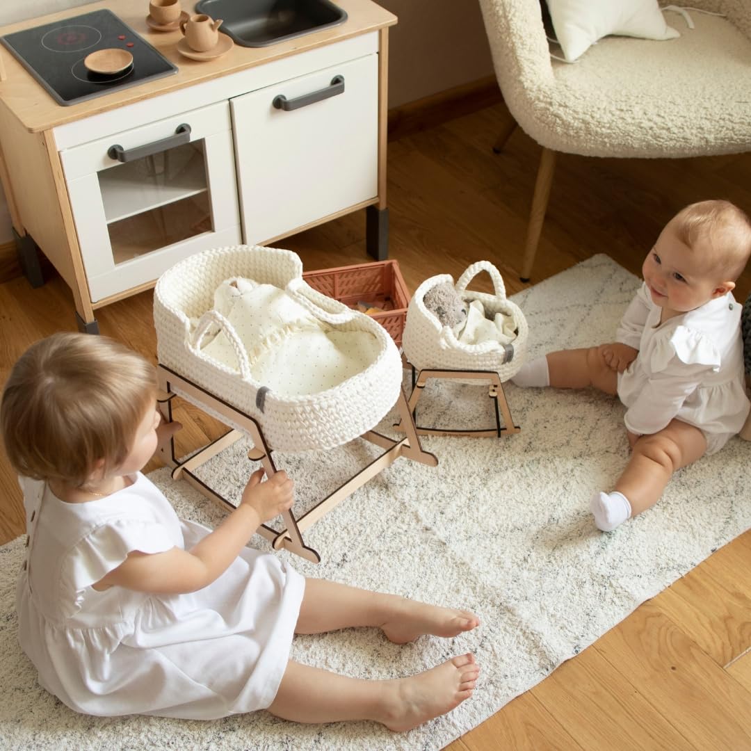 Boho Doll Crib with Rocking Stand - White Doll Bassinet with Bedding Set | Baby Doll Cradle for Pretend Play | Perfect Birthday Gift for Girls | Nursery Decor & Imaginative Play Scenes
