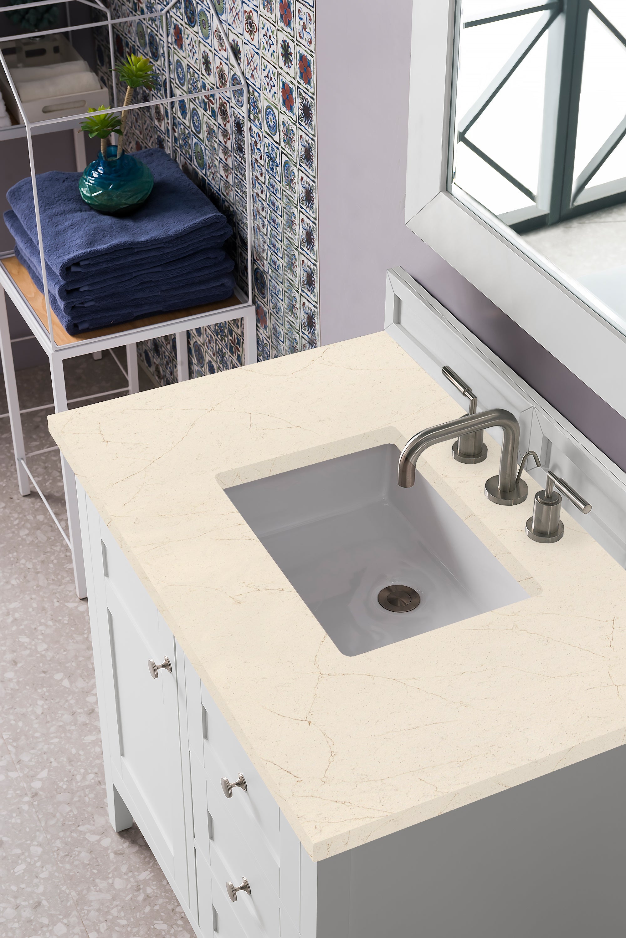 Palisades 36 Inch Single Bathroom Vanity Set with 3CM Eternal Marfil Quartz Countertop in Bright White - Perfect for Modern Master Bathrooms and Guest Suites