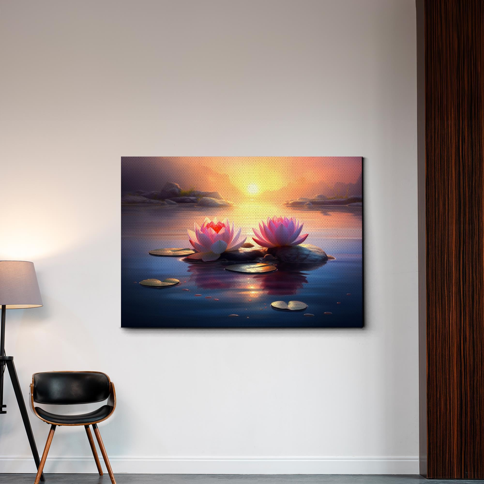 Zen Wall Art Canvas Print - Framed Zen Garden with Stone & Flower Design, Peaceful Water Sunset Meditation Decor for Yoga Studio, Home & Office - Perfect for Relaxation & Mindfulness Spaces