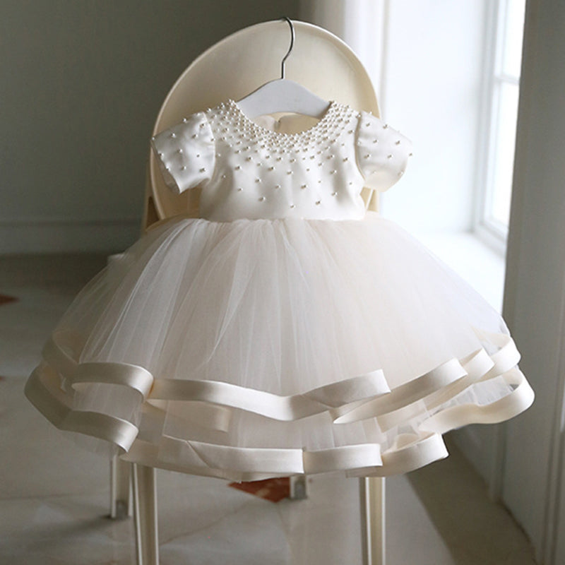 White Princess Flower Girl Dress with Tulle Ruffles & Bow - Elegant First Communion, Wedding Party, Pageant & Special Occasion Dress for Toddler Girls
