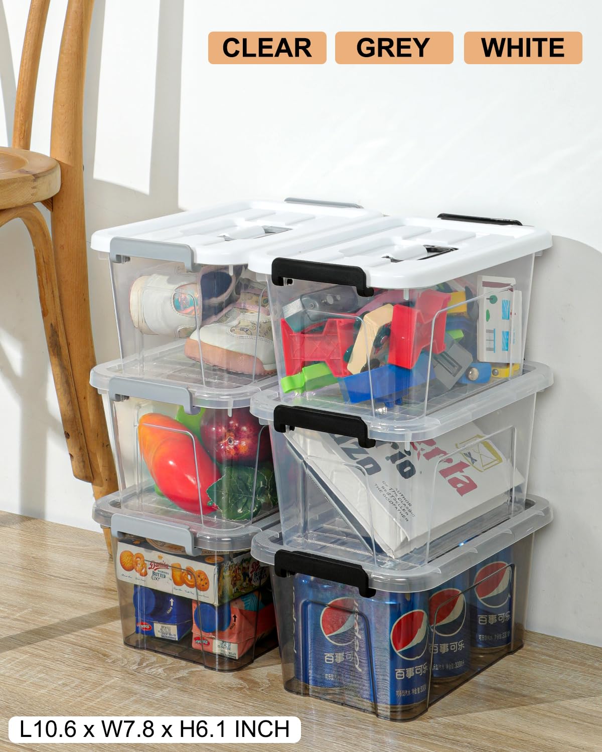 7 Quart Plastic Storage Bins with Lids - 6 Pack BPA-Free Stackable Latching Containers with Grey Handles for Home, Office, Kids Room, Closet & School Organization - Perfect for Art Supplies, Toys, Documents & Household Storage