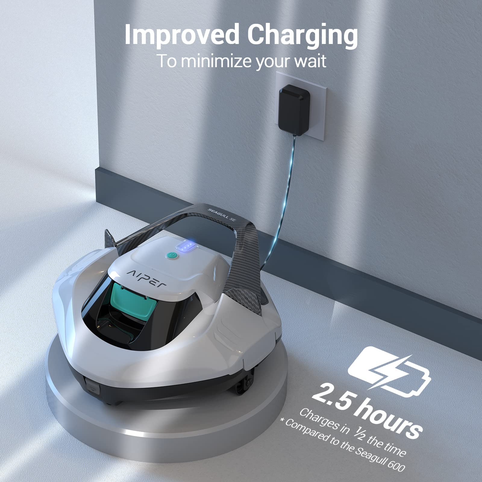 AIPER Seagull SE Cordless Robotic Pool Cleaner - 90 Min Runtime, LED Indicator, Self-Parking - Ideal for Above Ground & Inground Pools up to 33ft - White (Renewed) - Perfect for Weekly Pool Maintenance & Quick Cleanups