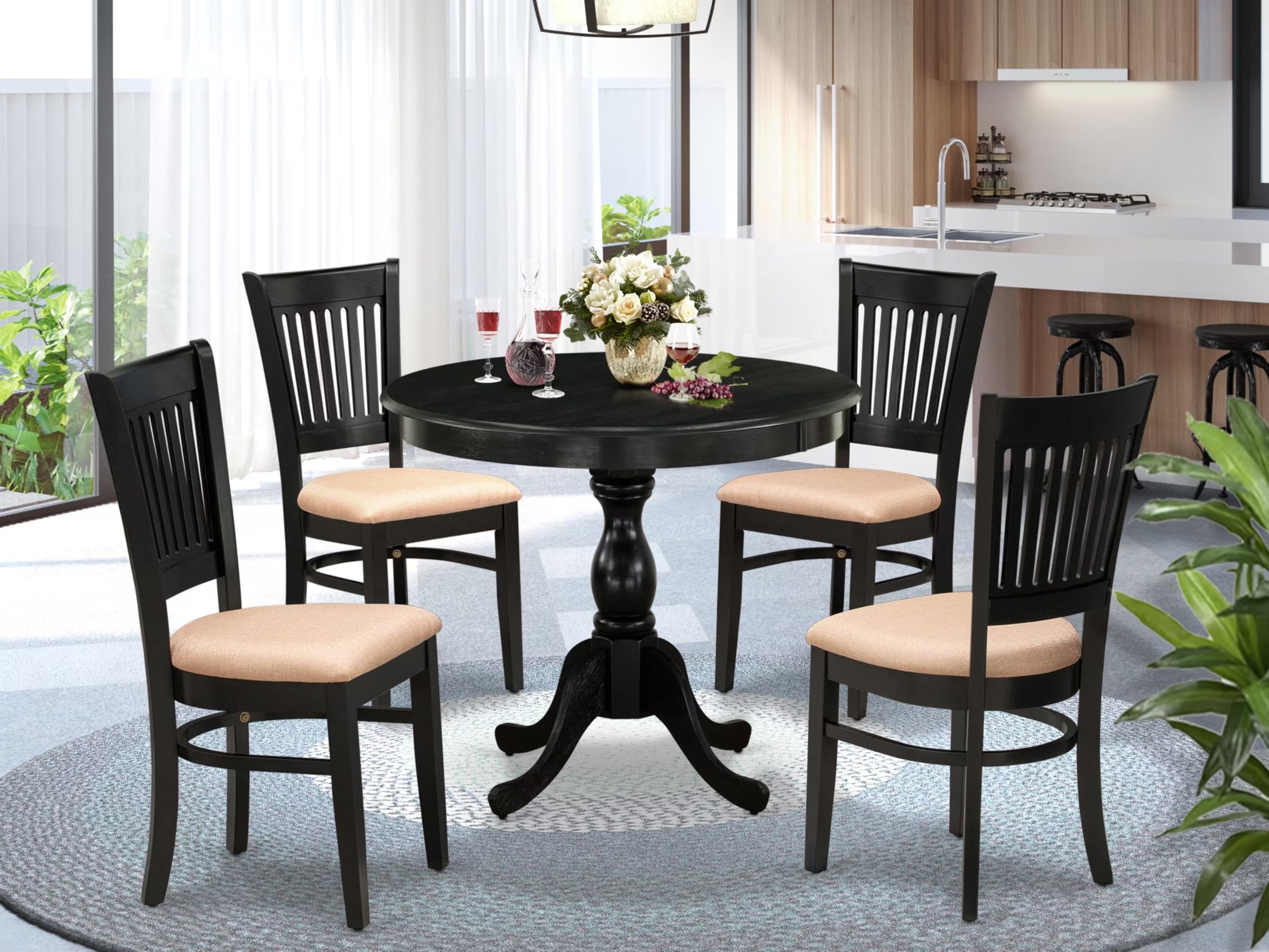 East West Furniture AMVA5-BLK-C 5-Piece Round Dining Set with Pedestal Table & 4 Upholstered Chairs, 36x36 Inch, Black - Perfect for Small Kitchens, Breakfast Nooks, and Cozy Dining Spaces