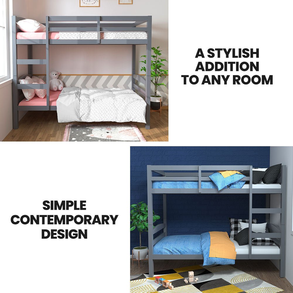 Kids Single Wooden Bunk Bed Frame with Grey Mattress - Space-Saving Twin Loft Bed for Small Rooms, Dormitory & Kids Bedroom - Sturdy Wood Construction for Safety & Comfort