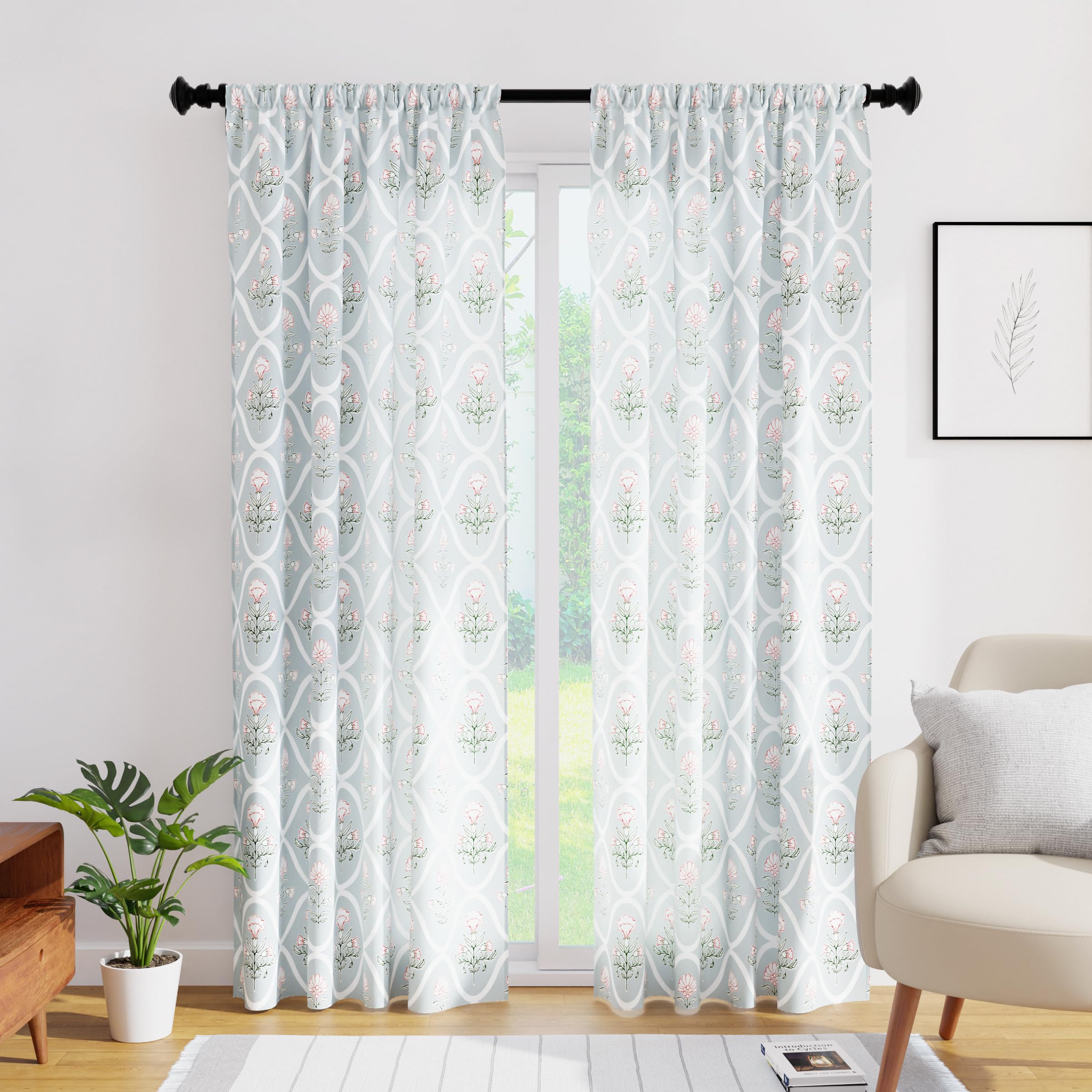 Encasa XO Semi-Sheer Wide Rod Pocket Printed Polyester Curtains with Tie Back - 55