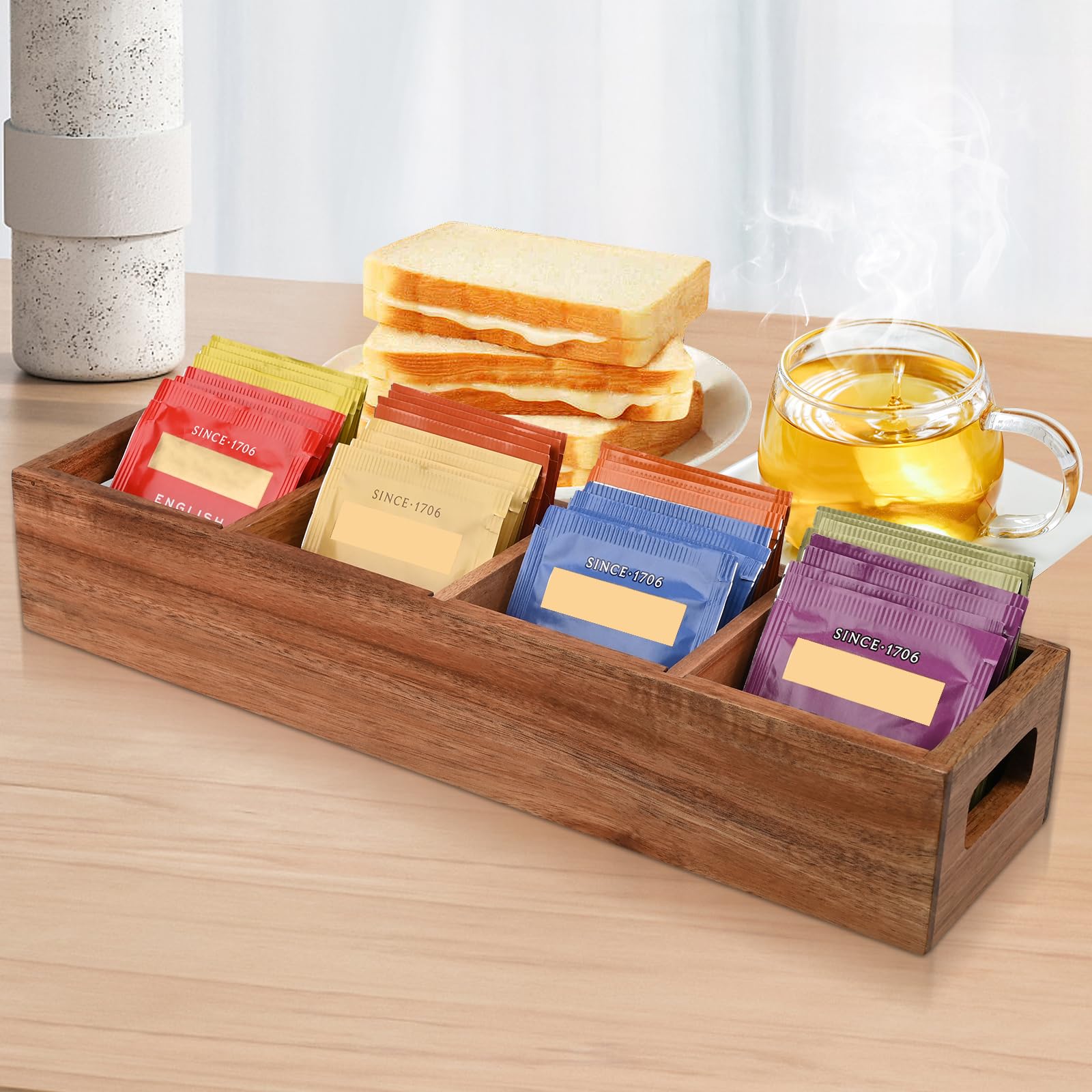 Premium Acacia Wood Tea Bag Organizer with 4 Slots - Elegant Tea Storage Holder for Tea Bags & Sugar Packets | Countertop Organizer for Kitchen, Office, or Dining Room