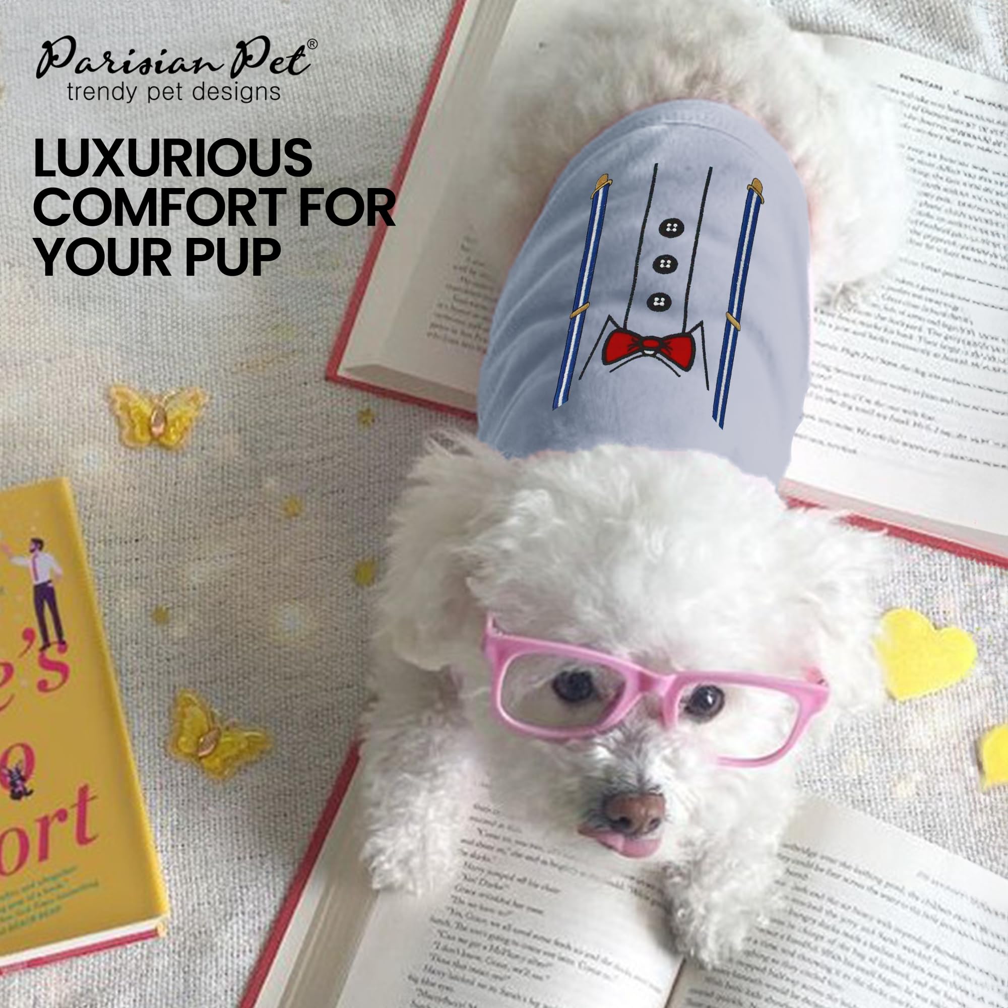 Parisian Pet Dog T-Shirt - Stylish Suspender Dog Tuxedo Shirt - Breathable Lightweight Sleeveless Tee for Small Dogs - Machine Washable Puppy Clothes - XXS Size - Perfect for Weddings, Parties & Photo Shoots