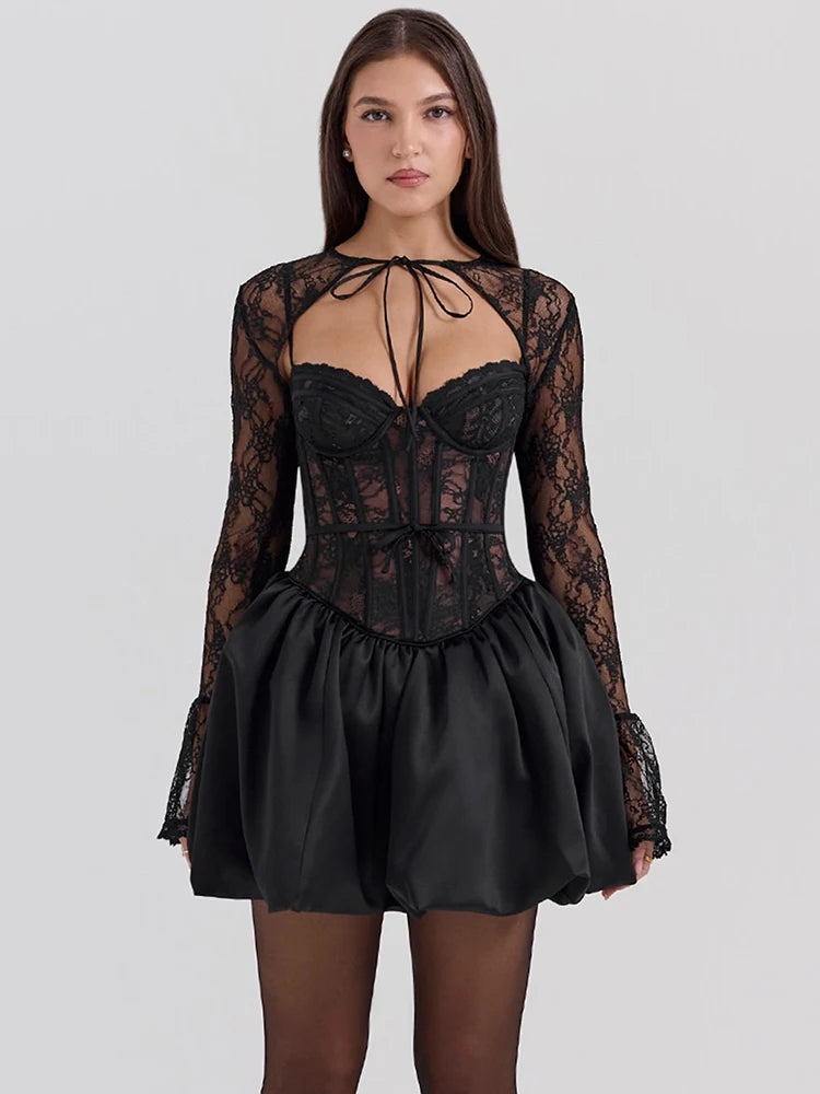 Sexy Black Lace Puffball Mini Dress for Women - Long Flare Sleeve Sheer Club Party Dress with Lace Up & High Waist | Perfect for Night Out, Date Night, and Special Occasions