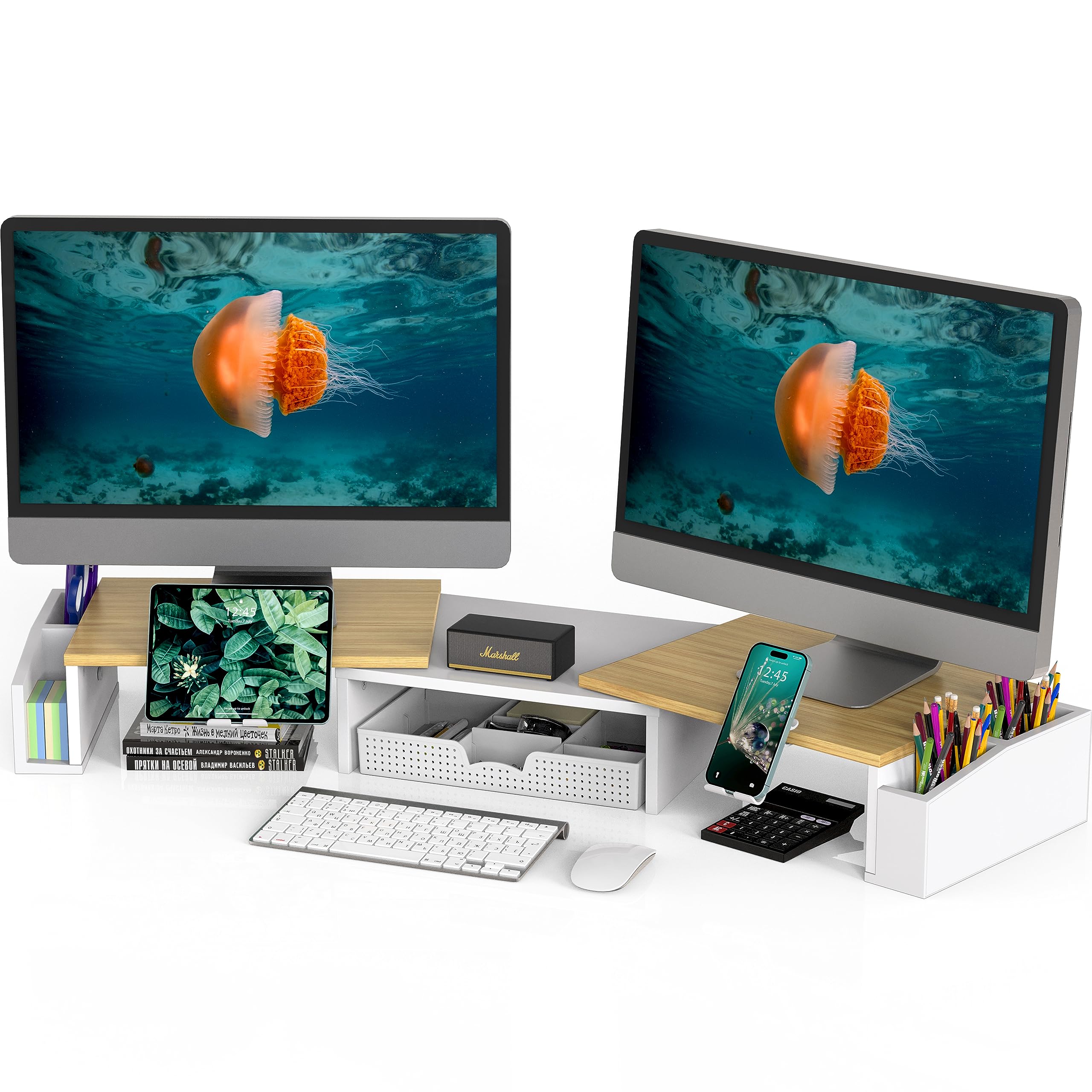 Dual Monitor Stand Riser with Storage Drawer - Solid Oak Wood Desktop Organizer for Home Office, Gaming Setup & Workspace