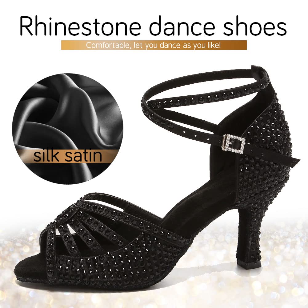 JUODVMP Women's Latin Dance Shoes with Rhinestones - Satin Ballroom Salsa Shoes for Professional Dancers | Perfect for Performances, Competitions & Dance Classes