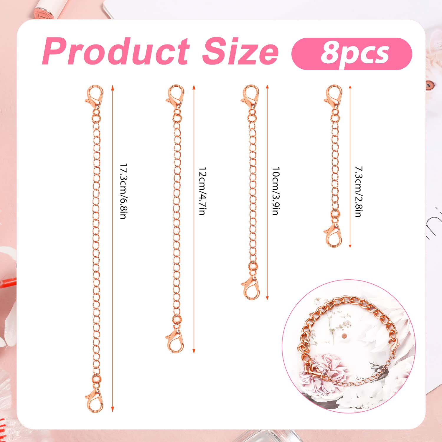 8pcs Rose Gold Necklace Extenders - 4 Sizes Jewelry Chain Extender for Necklace, Bracelet & Anklet - DIY Jewelry Making Supplies - Perfect for Adjustable Length & Layered Looks