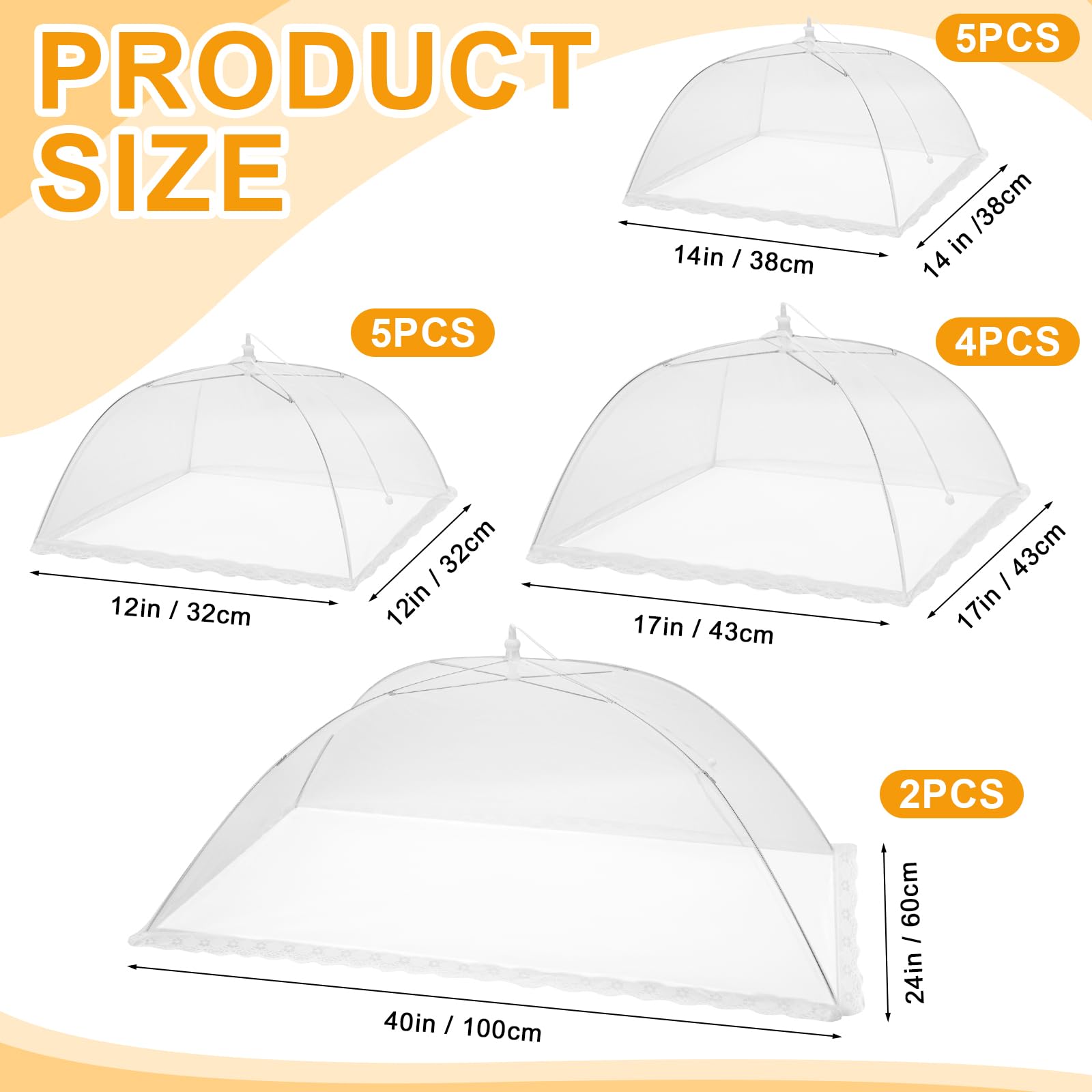 Tanlade 16-Piece Reusable Collapsible Pop-Up Mesh Food Cover Set - 2 Large 40x24 Inch, 4 Medium 17x17 Inch, 5 Small 14x14 Inch & 5 Mini 12x12 Inch Food Nets - Perfect for Outdoor Picnics, BBQs, Camping & Summer Parties (White)