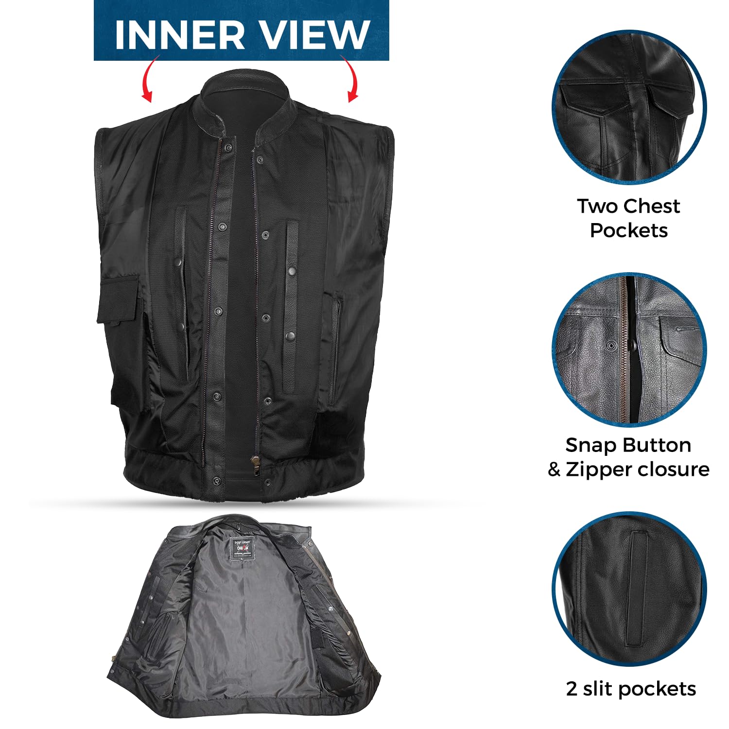 DEFY Challenge Your Fear Men's SOA Motorcycle Genuine Cowhide Leather Club Style Vest with Concealed Gun Pockets - Small | Biker Jacket for Harley Riders, Motorcycle Gangs & Outdoor Adventures