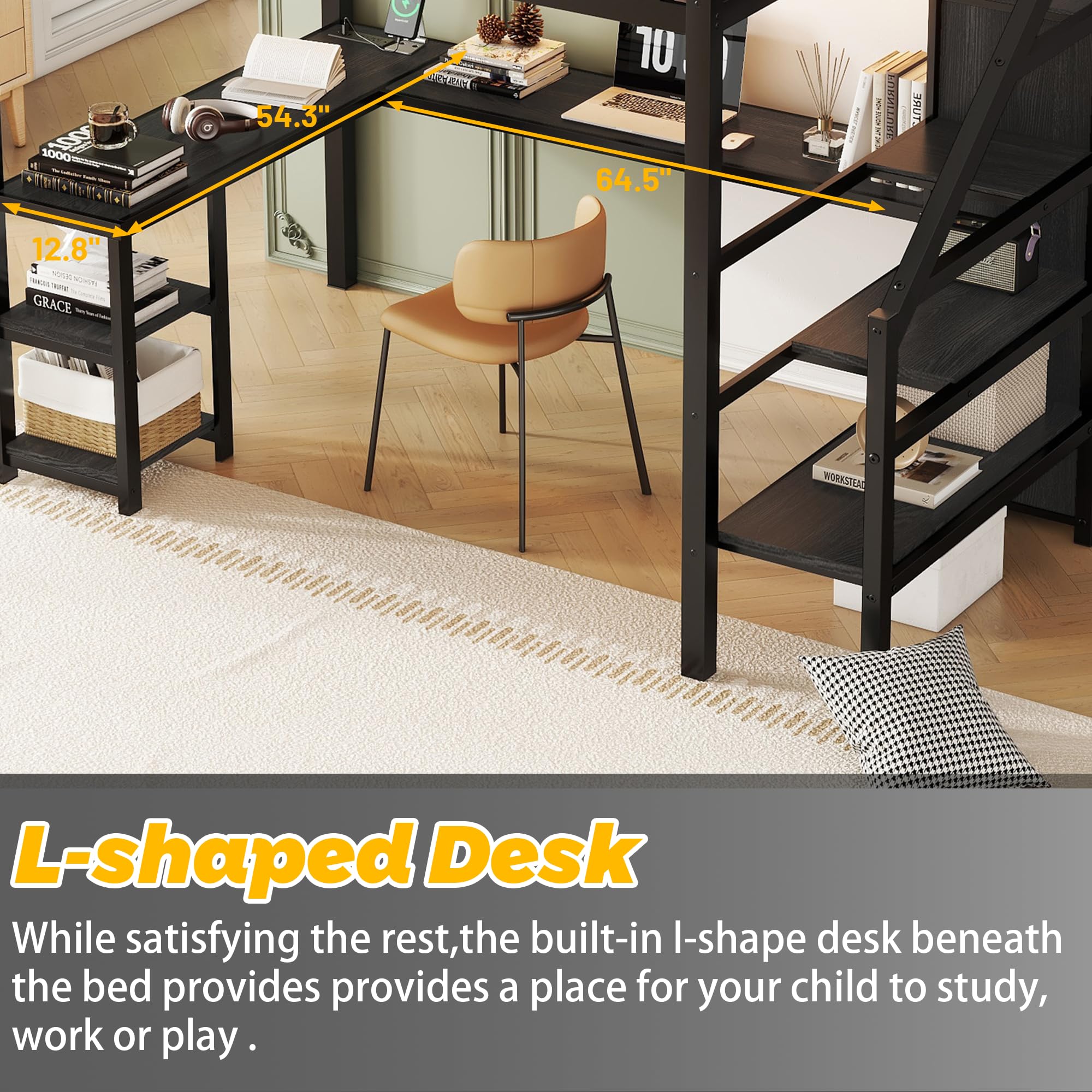 Full Size Metal Loft Bed with Stairs, Desk & RGB LED Lights - Heavy Duty Steel Gaming Loft Bed Frame with Storage Wardrobe, Shelves & Charging Station for Adults, Teens & Kids - Perfect for Small Spaces, Dorm Rooms & Gaming Setups (Black)