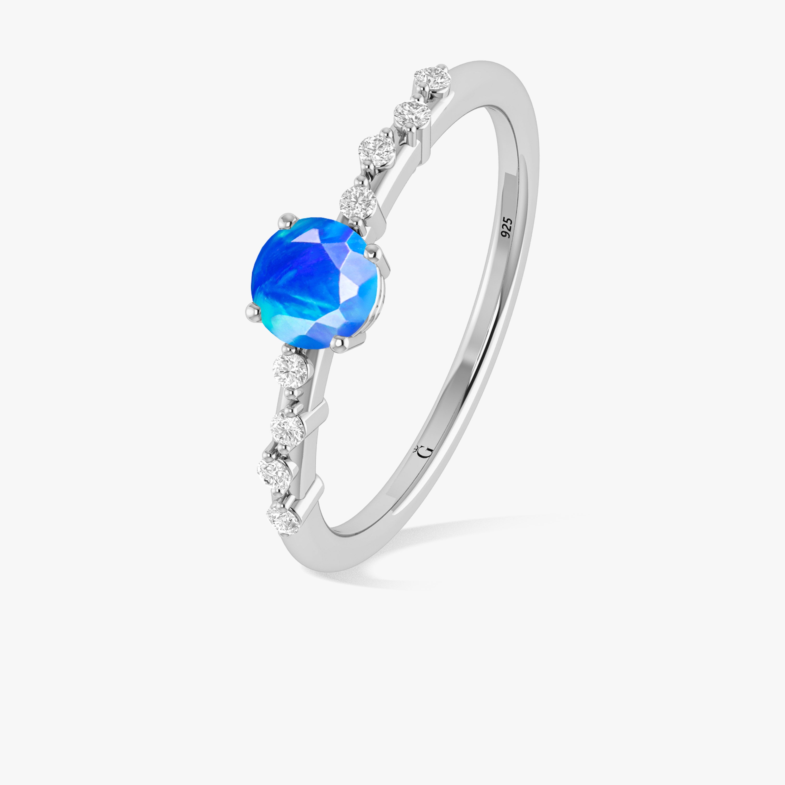 Natural Blue Opal Round Stone Minimalist Solitaire Ring with Accent Diamonds - Elegant Dainty Jewelry for Women, Perfect for Engagement, Wedding, Anniversary & Everyday Wear