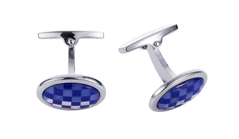 Elegant Rhodium & Mother of Pearl Lapis Lazuli Check Cufflinks for Men - Perfect for Weddings, Business Meetings & Formal Events