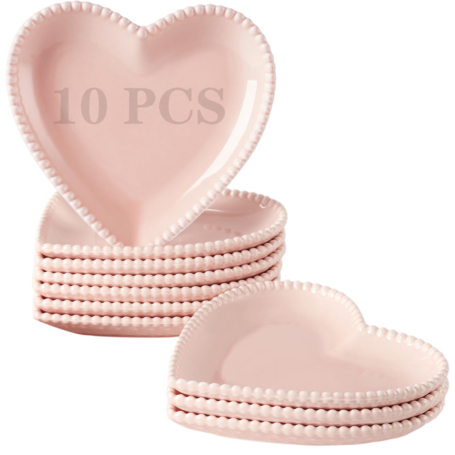 6.3 Inch Heart-Shaped Porcelain Appetizer Plates Set of 10 - Microwave & Dishwasher Safe Small Dinner Plates for Dessert, Salad, Cake, Snack, Ice Cream & Waffles - Perfect for Valentine's Day, Bridal Showers, Tea Parties & Romantic Dinners