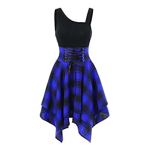 Women's Summer Casual Dress - O-Neck Lace-Up Plaid Print Asymmetrical Mini Dress for Wedding Guest, Beach Party & Vacation | Flirty & Fun Style