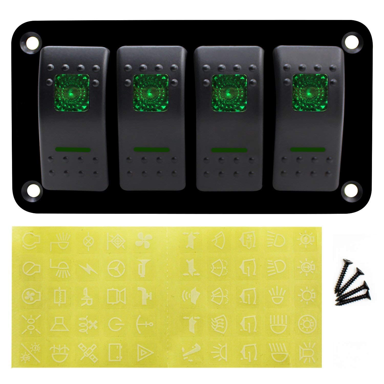 4 Gang Green Rocker Switch Panel - 12V Waterproof On/Off Toggle Switch for Trucks, Marine Boats, RVs & Cars - Perfect for Light Bars, Off-Road Vehicles & Custom Electrical Systems