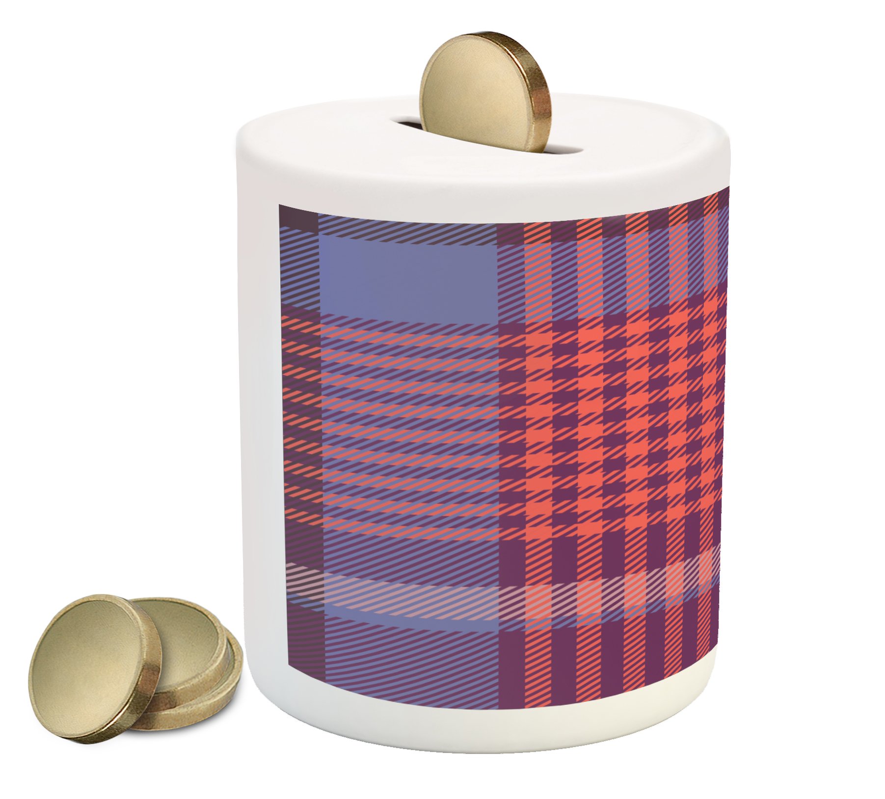 Ambesonne Checkered Ceramic Piggy Bank - Retro British Irish Tartan Pattern with Abstract Celtic Design, Money Box for Cash Savings in Purple Lavender Orange | Perfect Gift for St. Patrick's Day, Housewarming & Kids' Savings